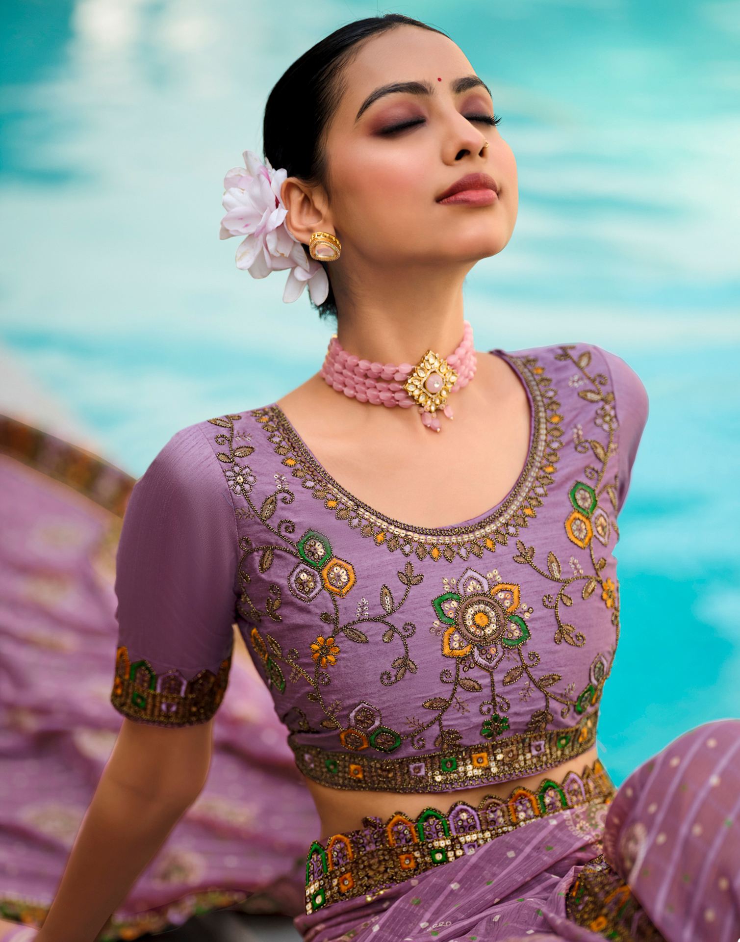 Light Dusty Purple Georgette Printed Bandhani Saree