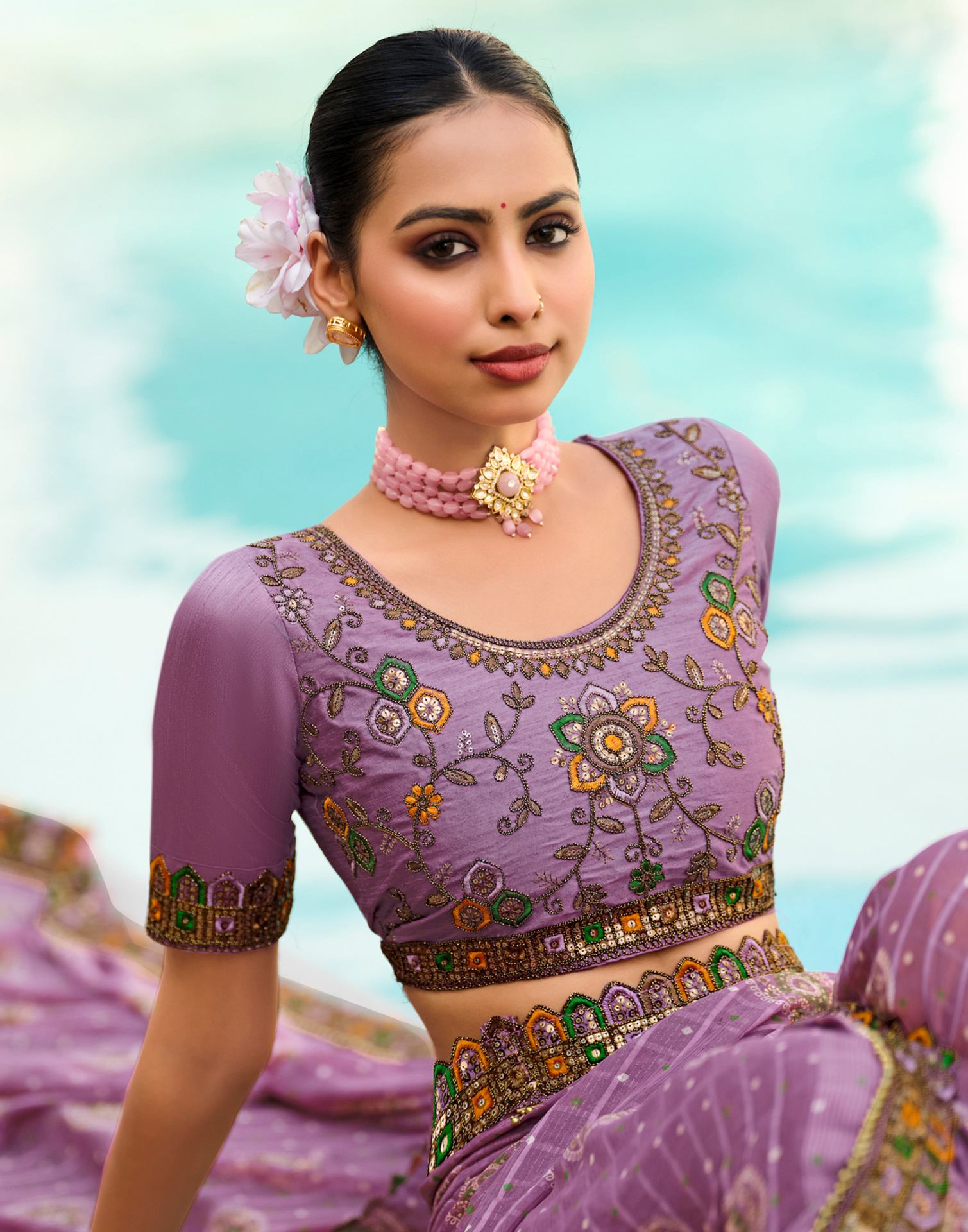 Light Dusty Purple Georgette Printed Bandhani Saree