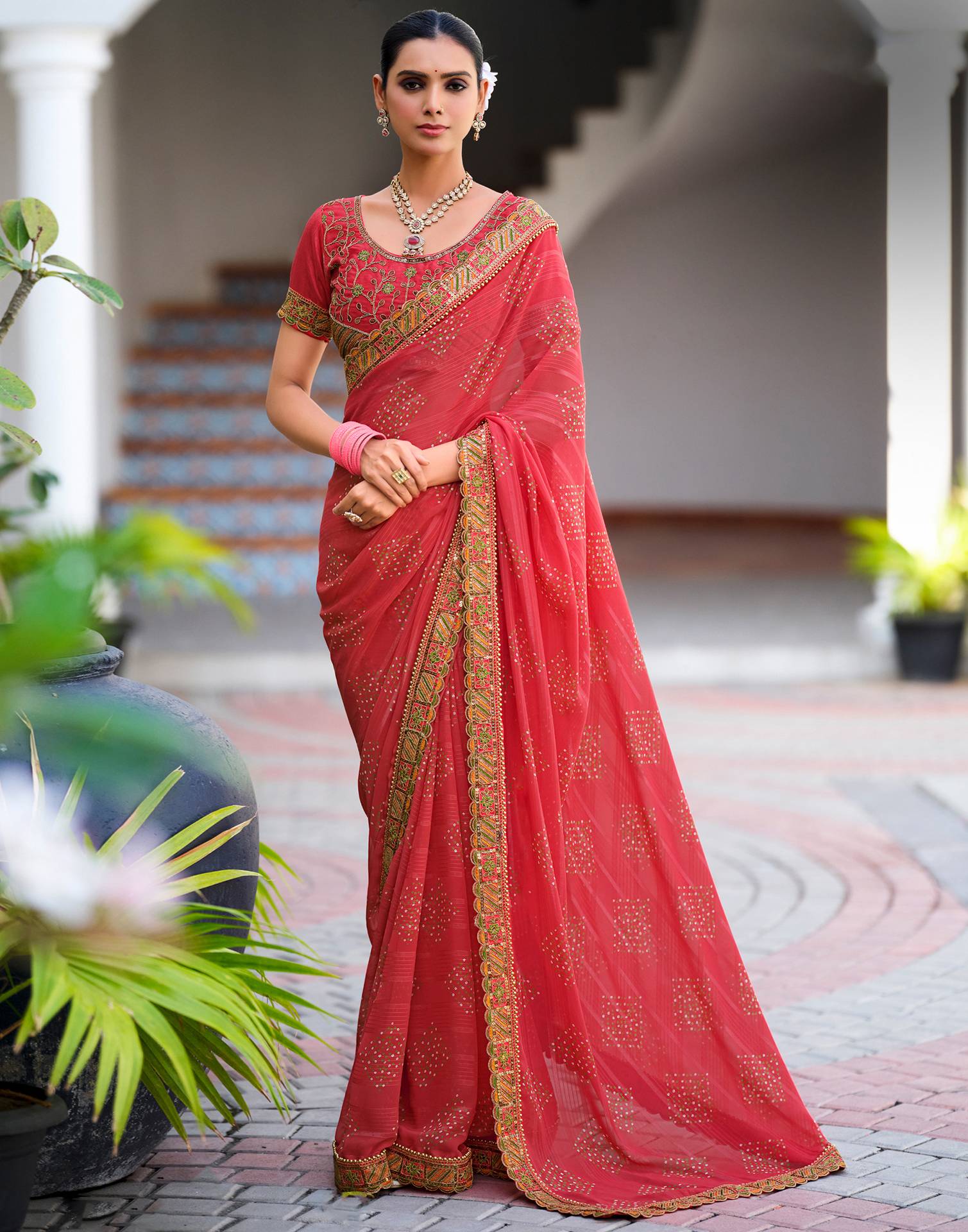 Peach Georgette Printed Bandhani Saree