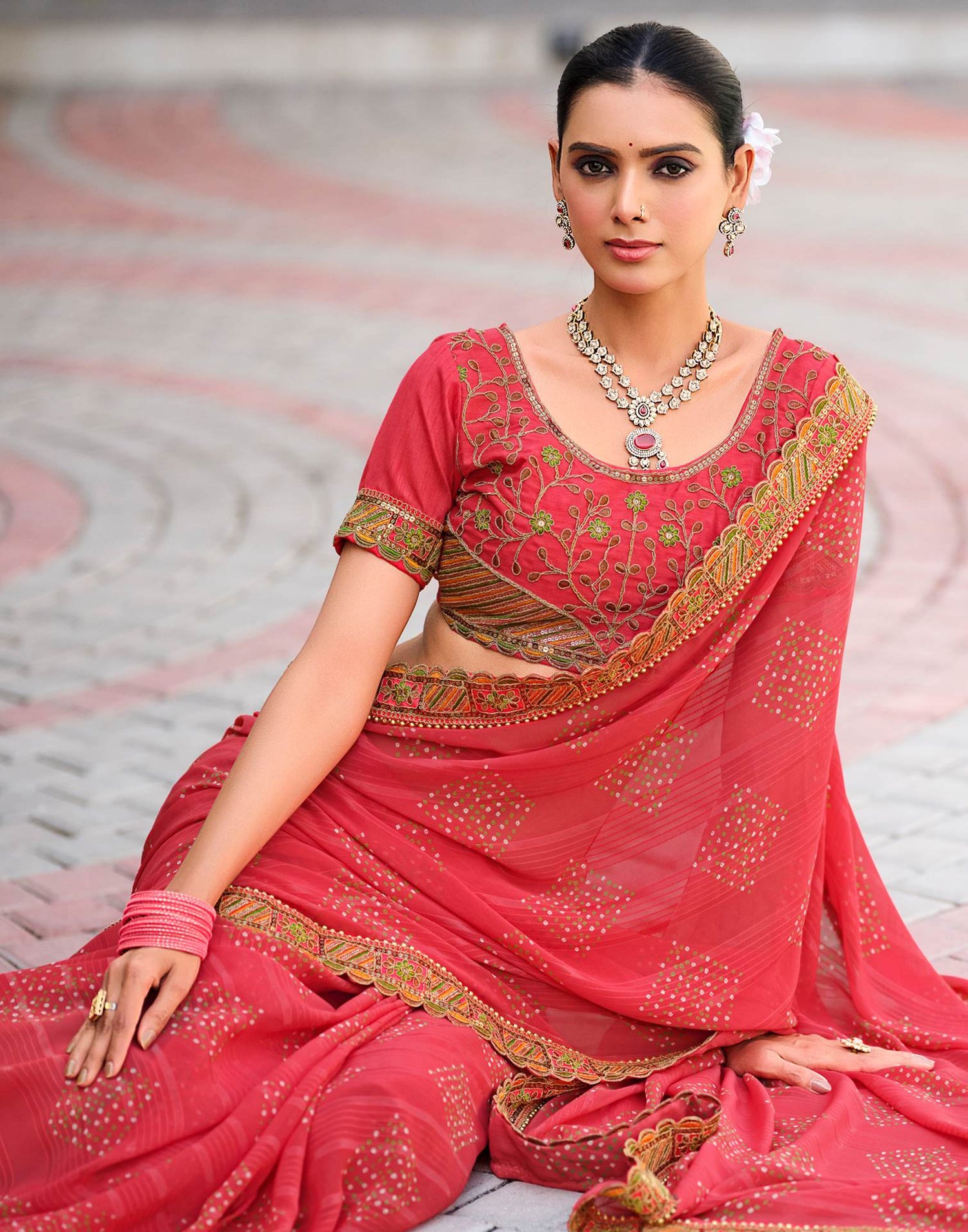 Peach Georgette Printed Bandhani Saree