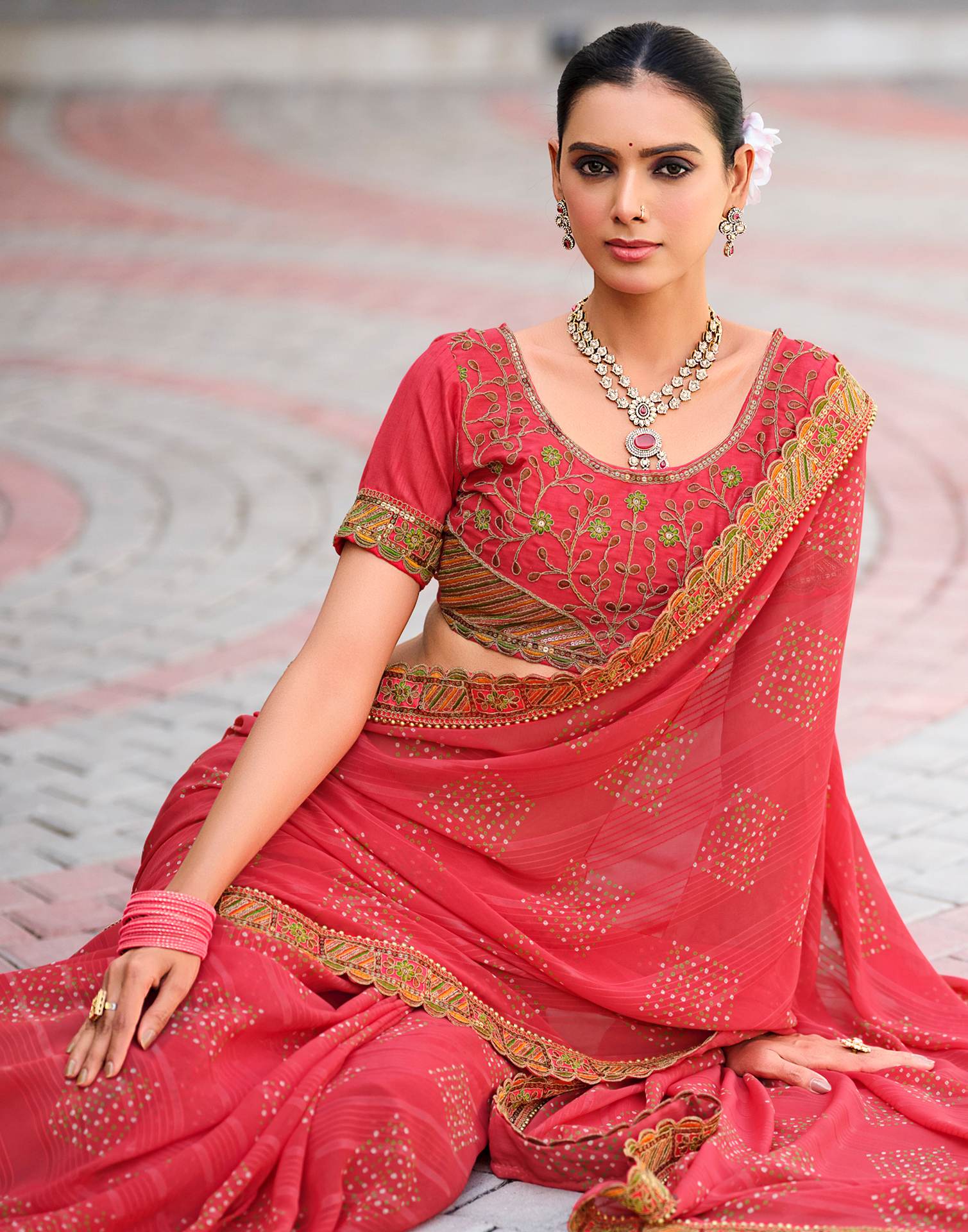 Peach Georgette Printed Bandhani Saree