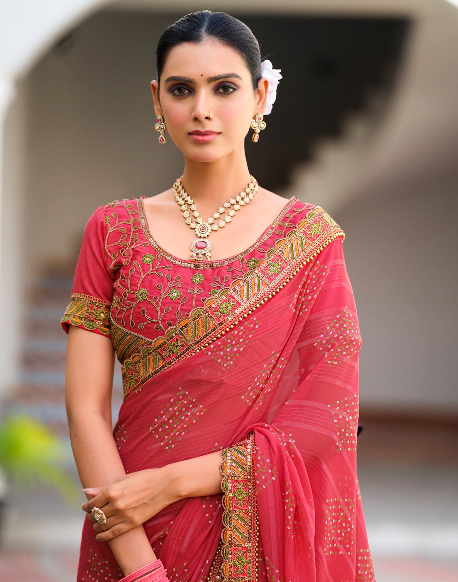 Peach Georgette Printed Bandhani Saree