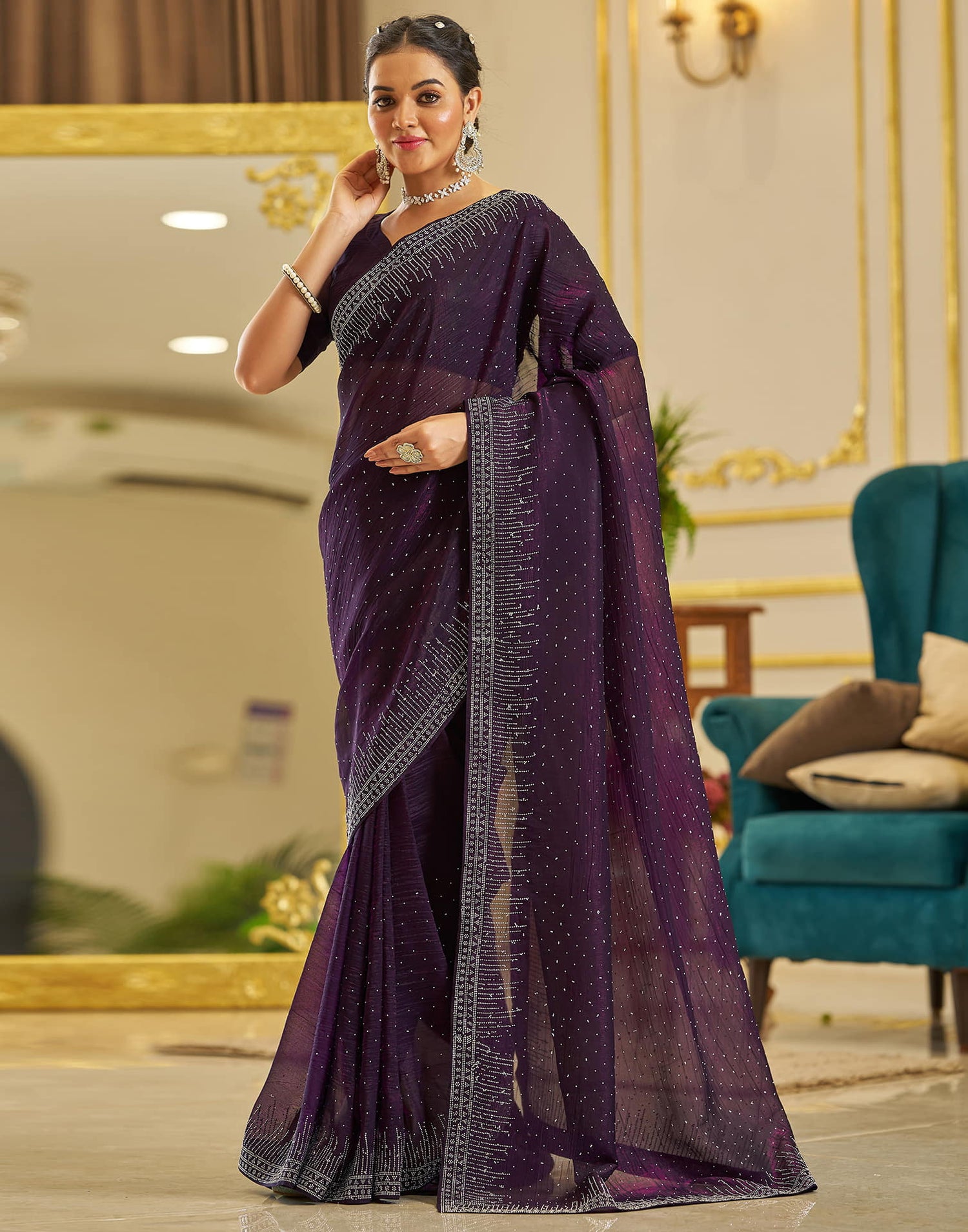 Dark Purple Shimmer Stone Work Swarovski Saree