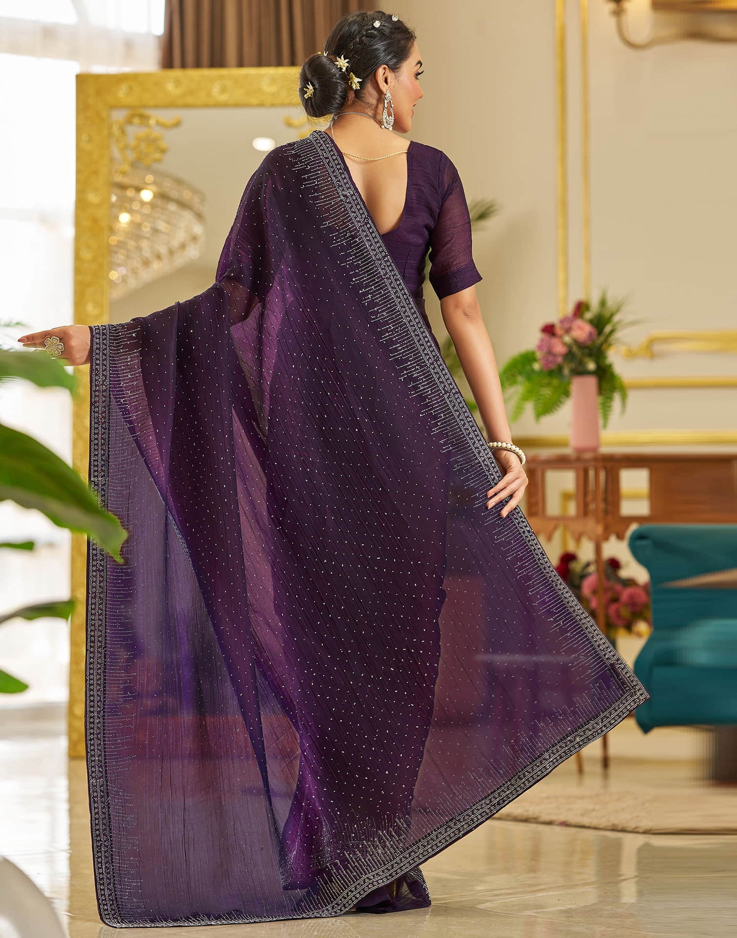 Dark Purple Shimmer Stone Work Swarovski Saree