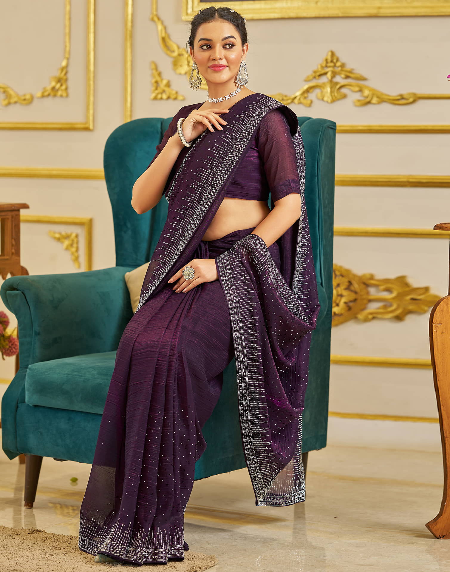 Dark Purple Shimmer Stone Work Swarovski Saree