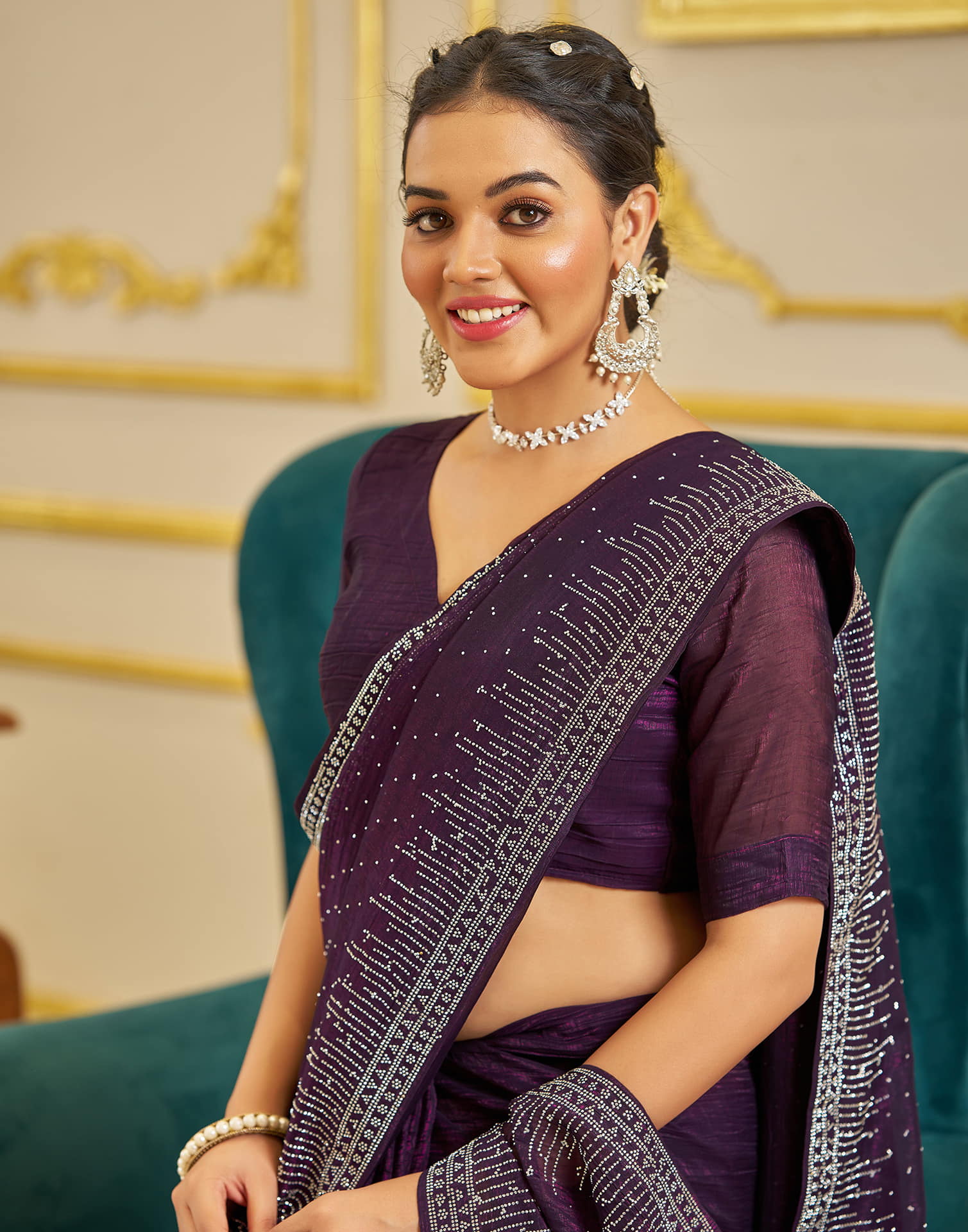 Dark Purple Shimmer Stone Work Swarovski Saree