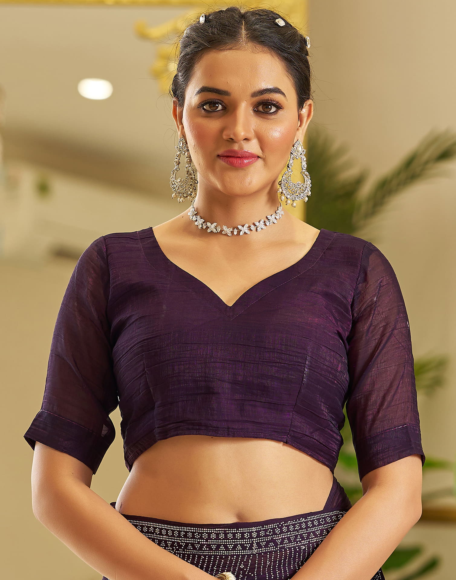 Dark Purple Shimmer Stone Work Swarovski Saree