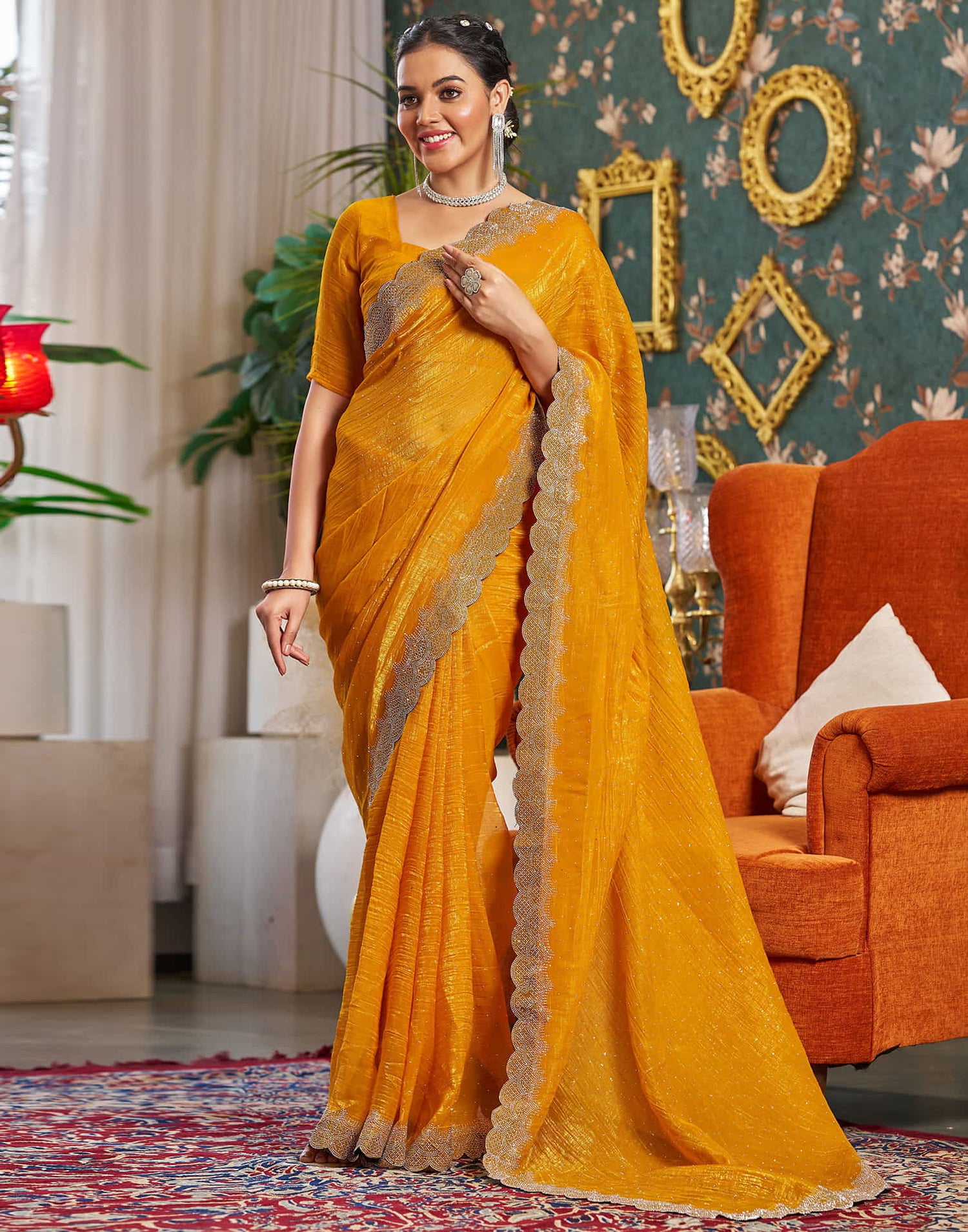 Turmeric Yellow Shimmer Stone Work Swarovski Saree