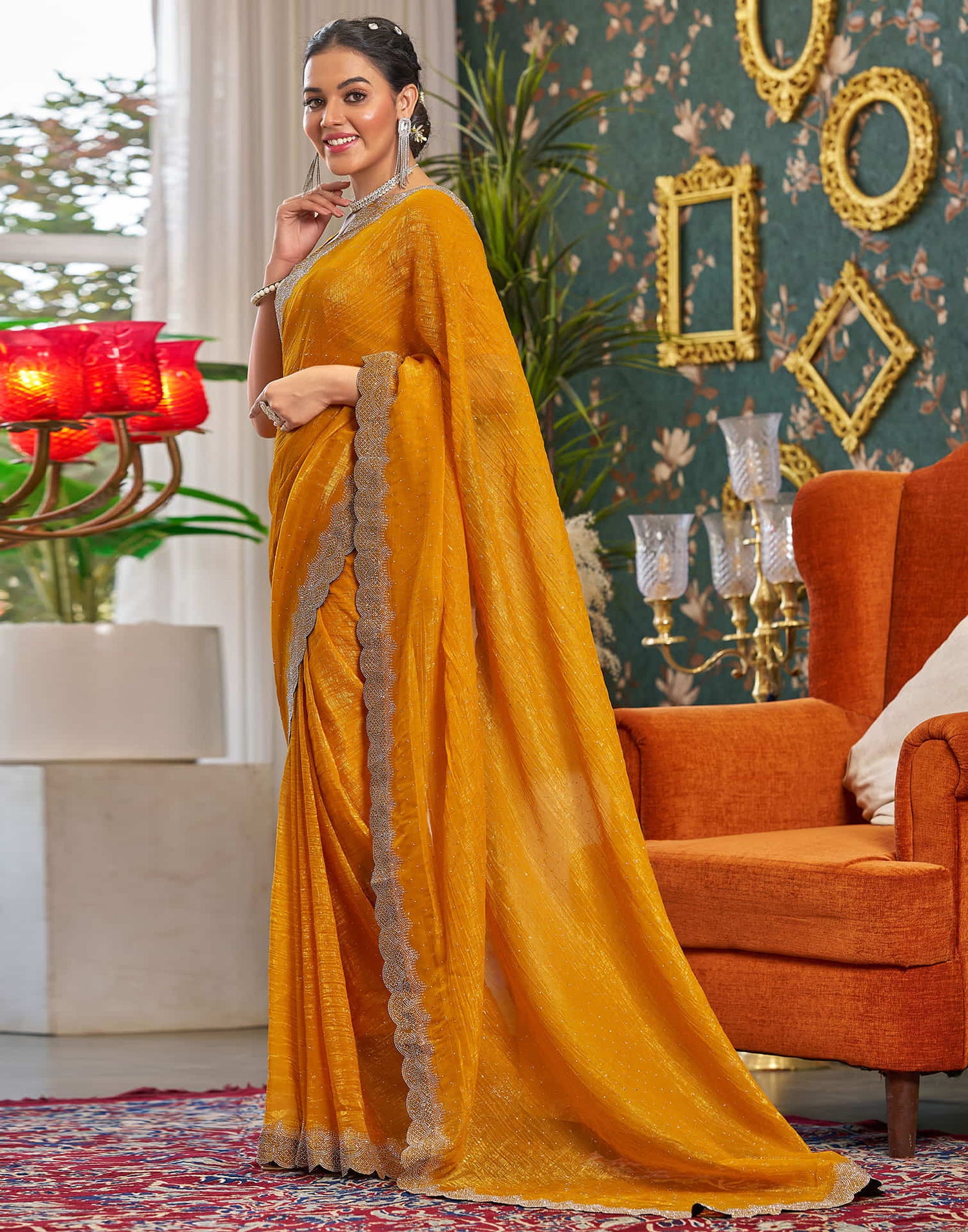 Turmeric Yellow Shimmer Stone Work Swarovski Saree