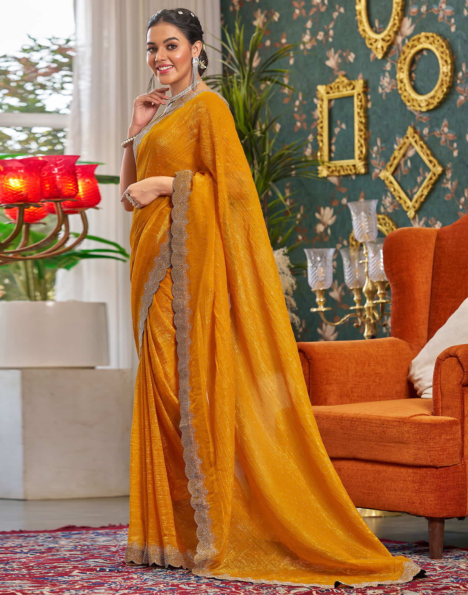 Turmeric Yellow Shimmer Stone Work Swarovski Saree