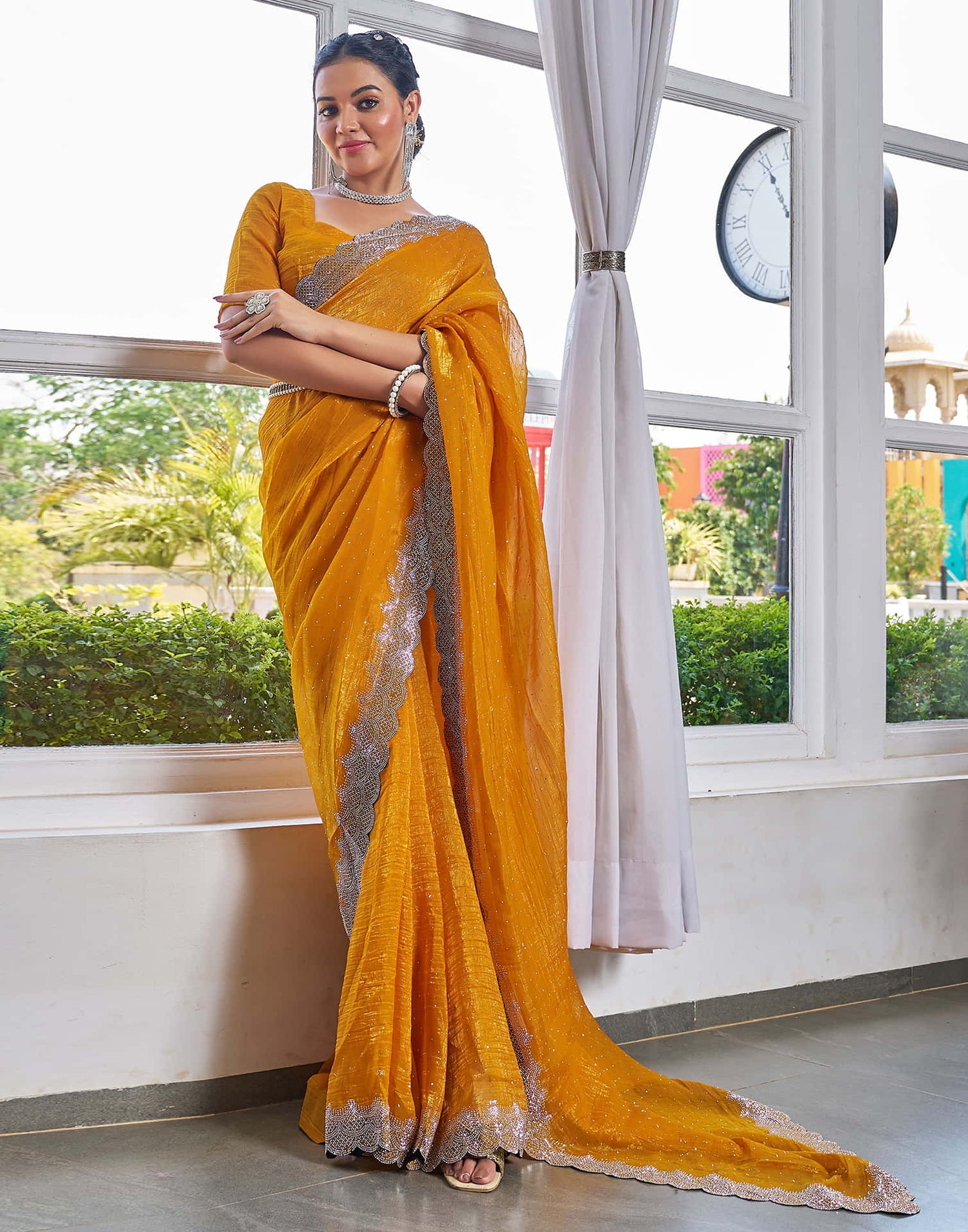 Turmeric Yellow Shimmer Stone Work Swarovski Saree