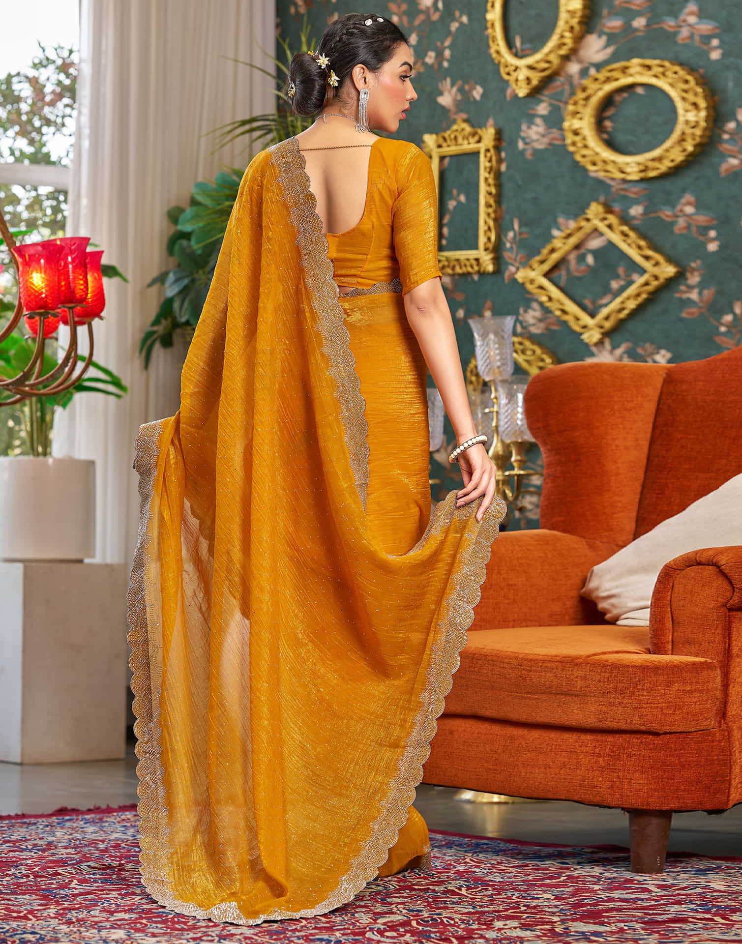 Turmeric Yellow Shimmer Stone Work Swarovski Saree