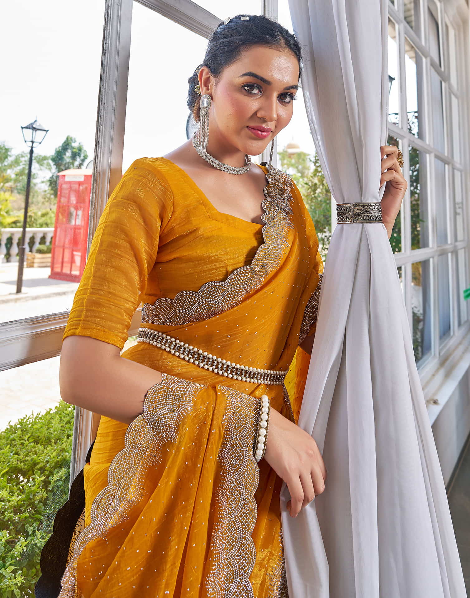 Turmeric Yellow Shimmer Stone Work Swarovski Saree