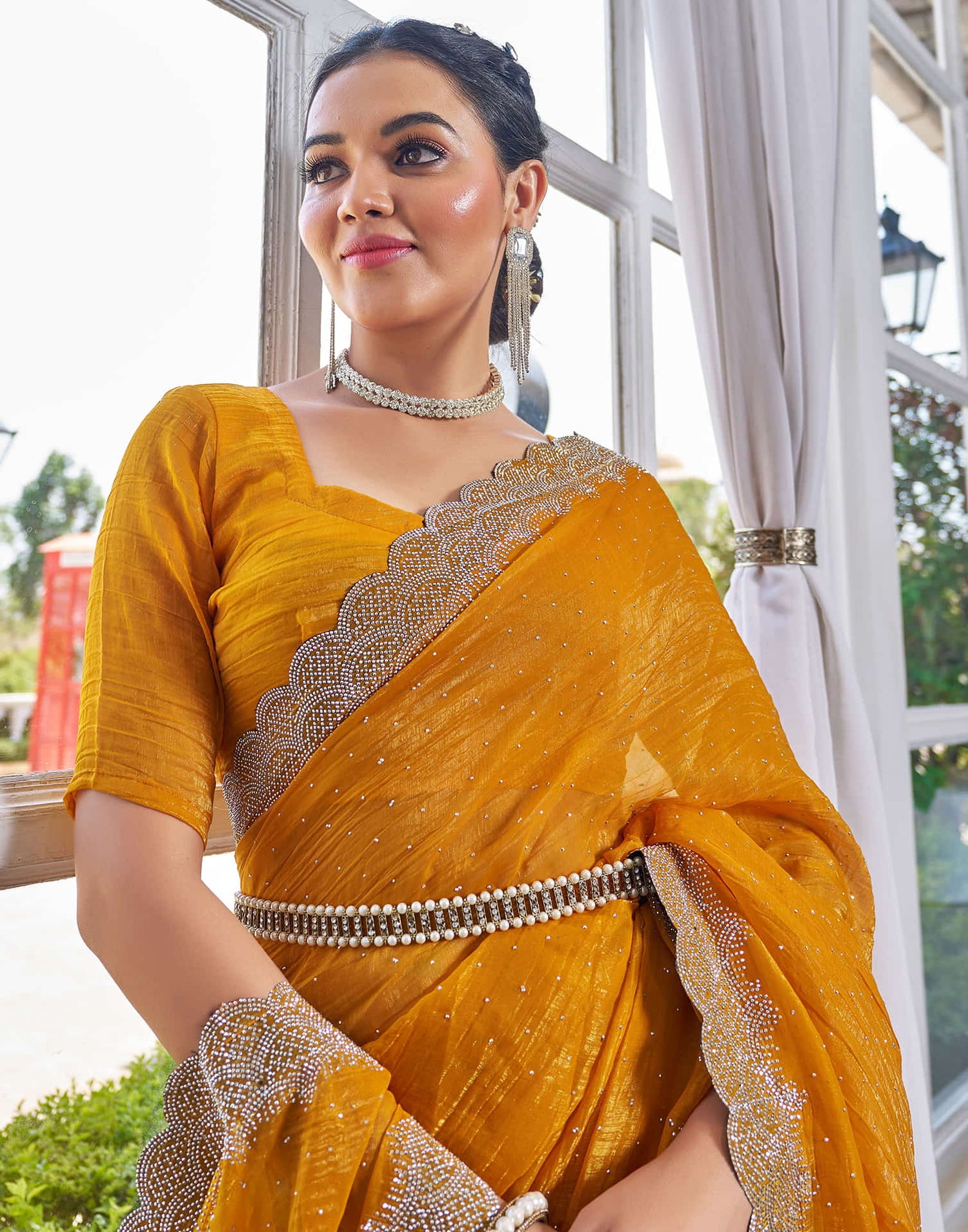 Turmeric Yellow Shimmer Stone Work Swarovski Saree
