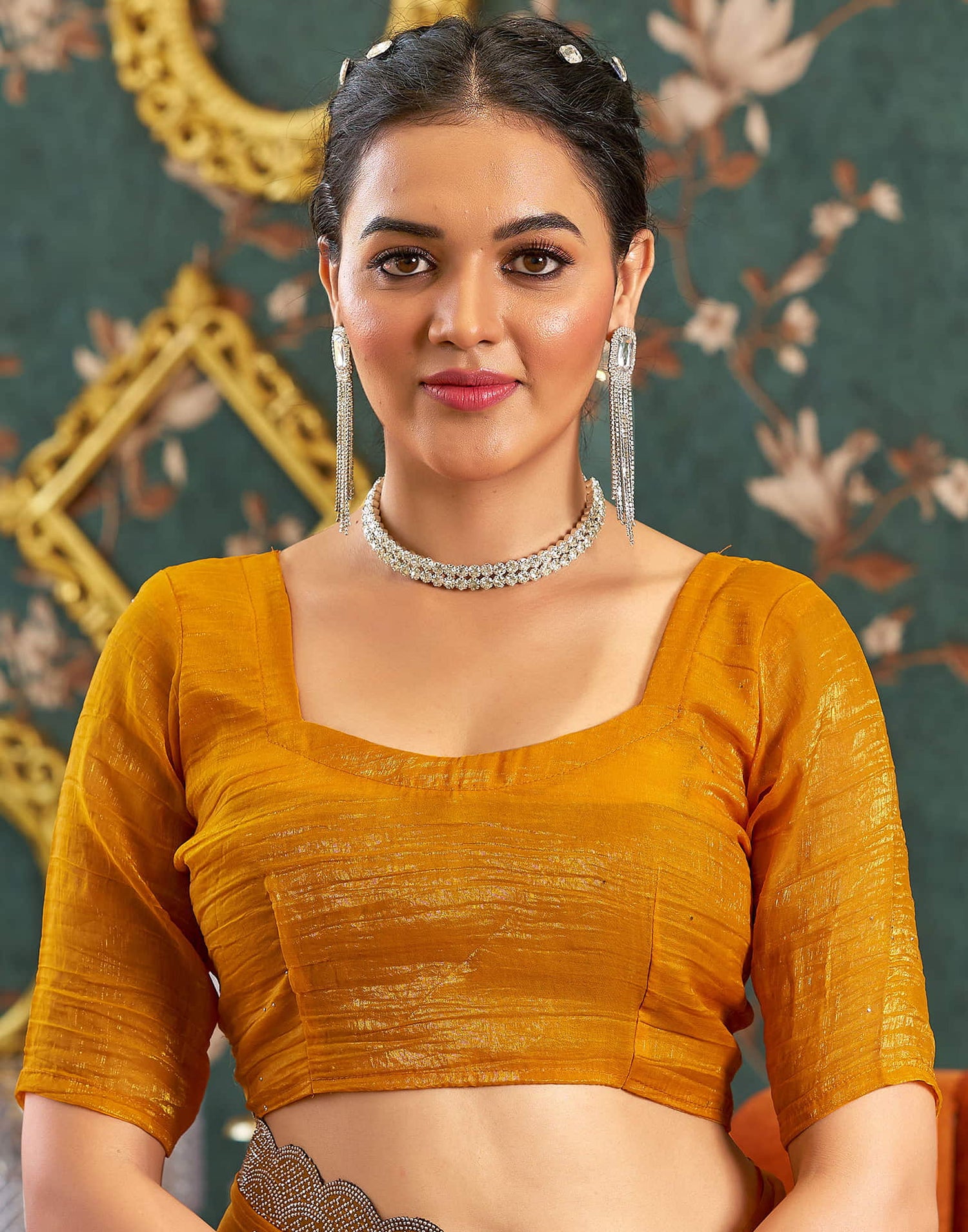 Turmeric Yellow Shimmer Stone Work Swarovski Saree