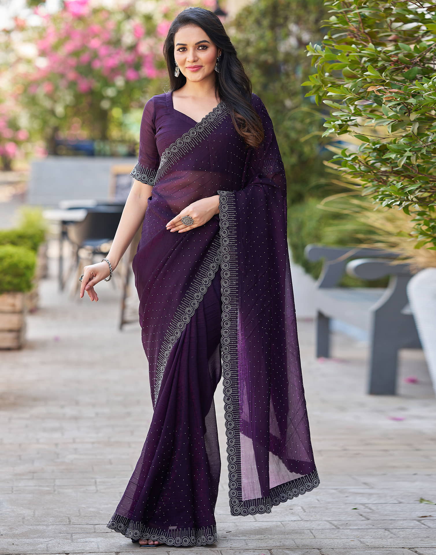 Dark Purple Shimmer Stone Work Swarovski Saree