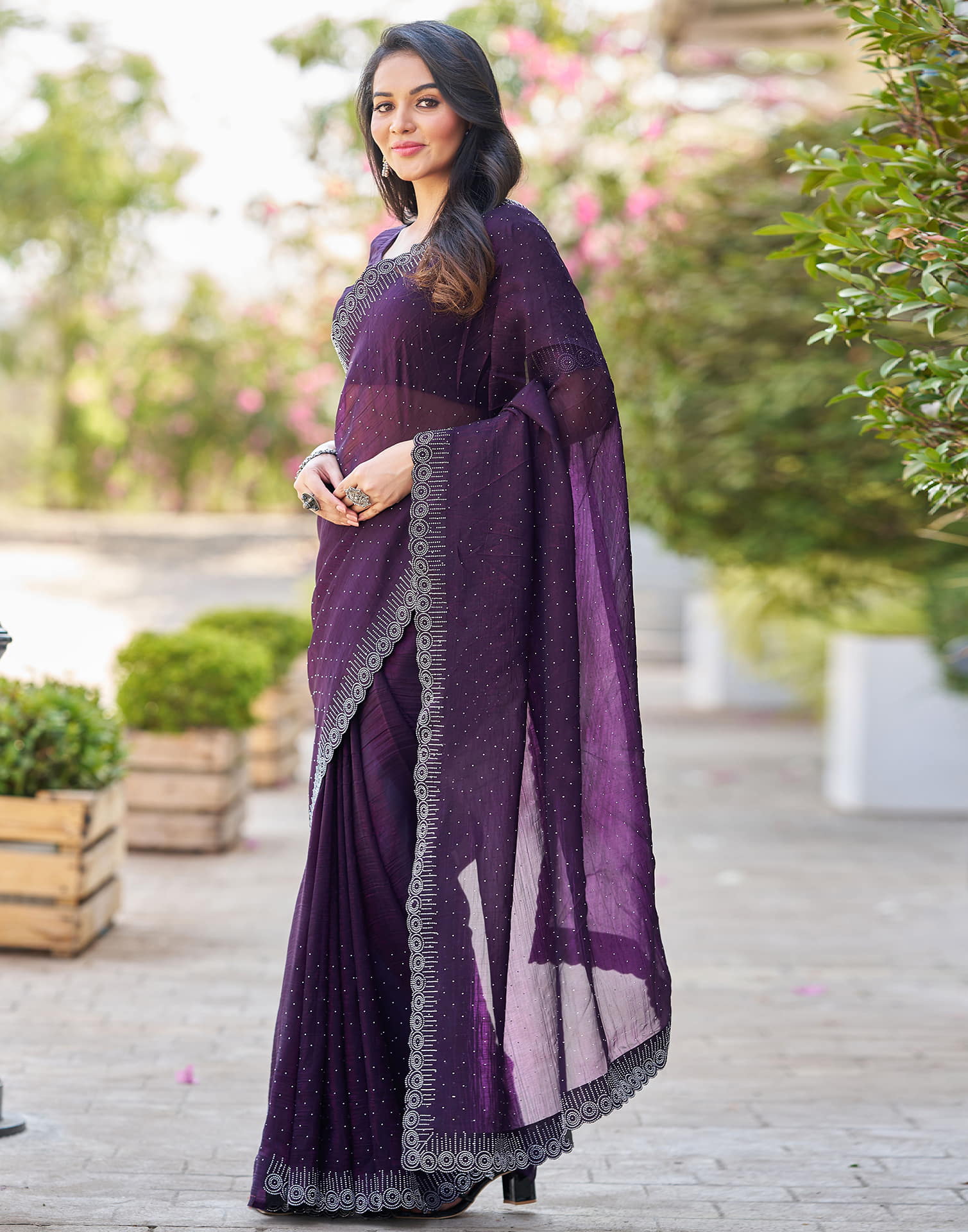 Dark Purple Shimmer Stone Work Swarovski Saree
