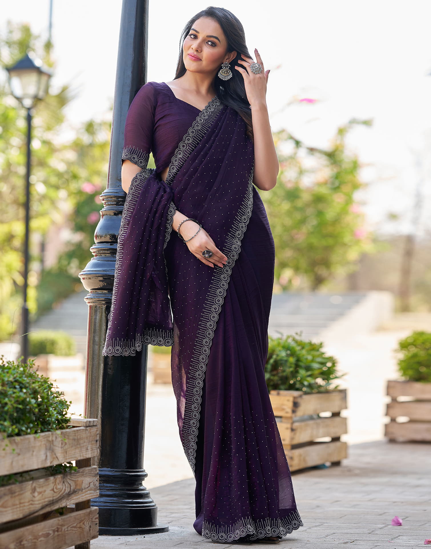 Dark Purple Shimmer Stone Work Swarovski Saree