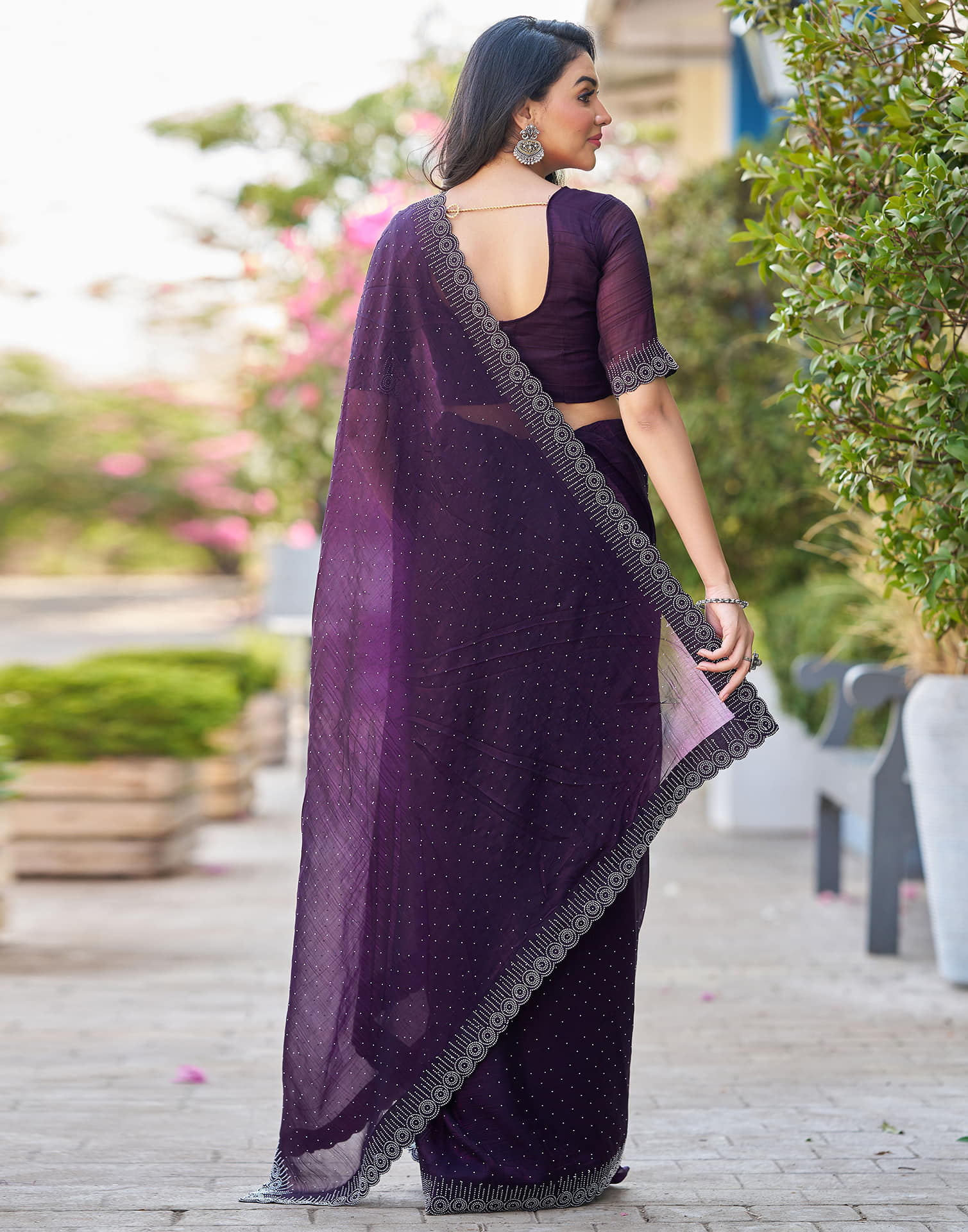 Dark Purple Shimmer Stone Work Swarovski Saree