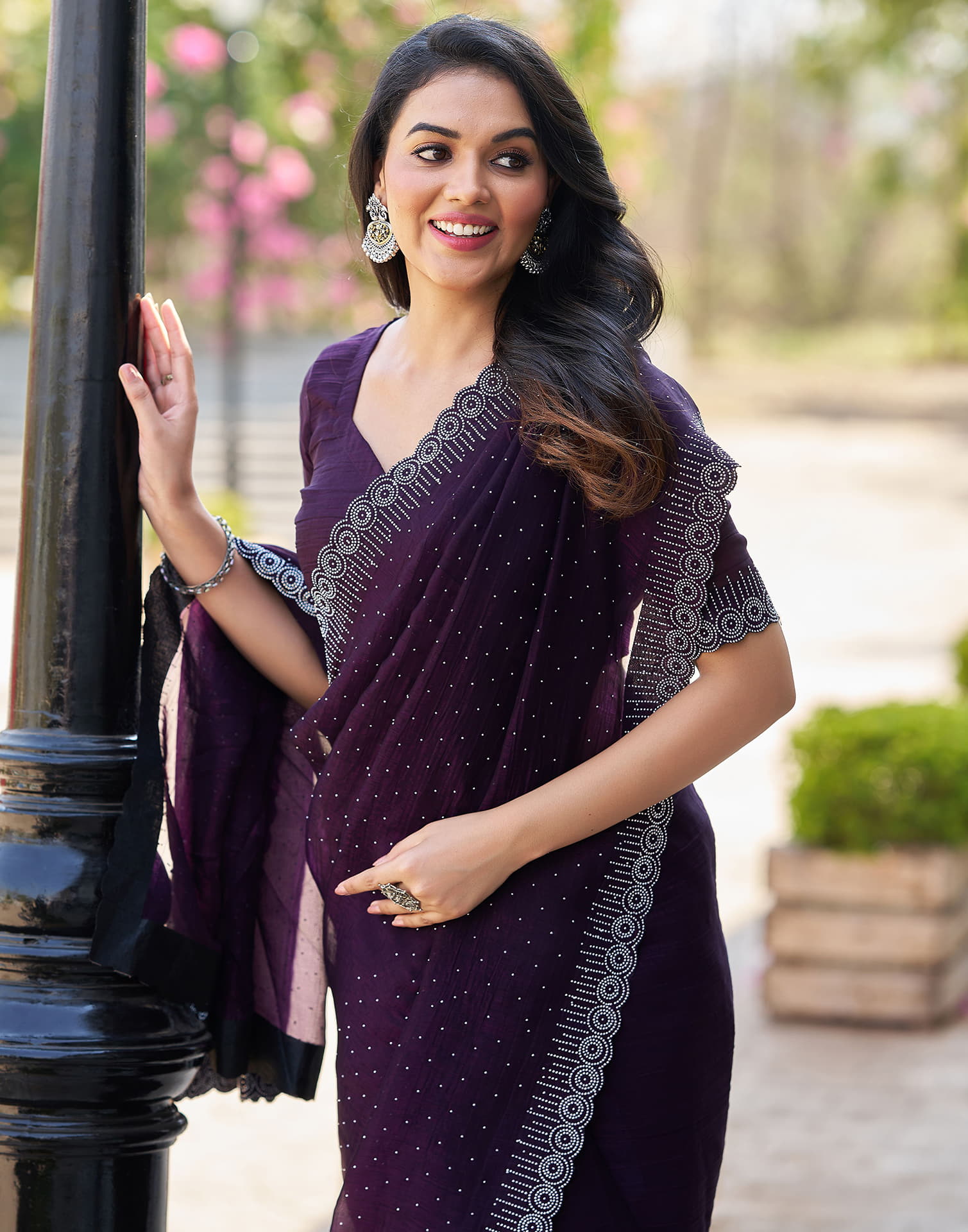 Dark Purple Shimmer Stone Work Swarovski Saree