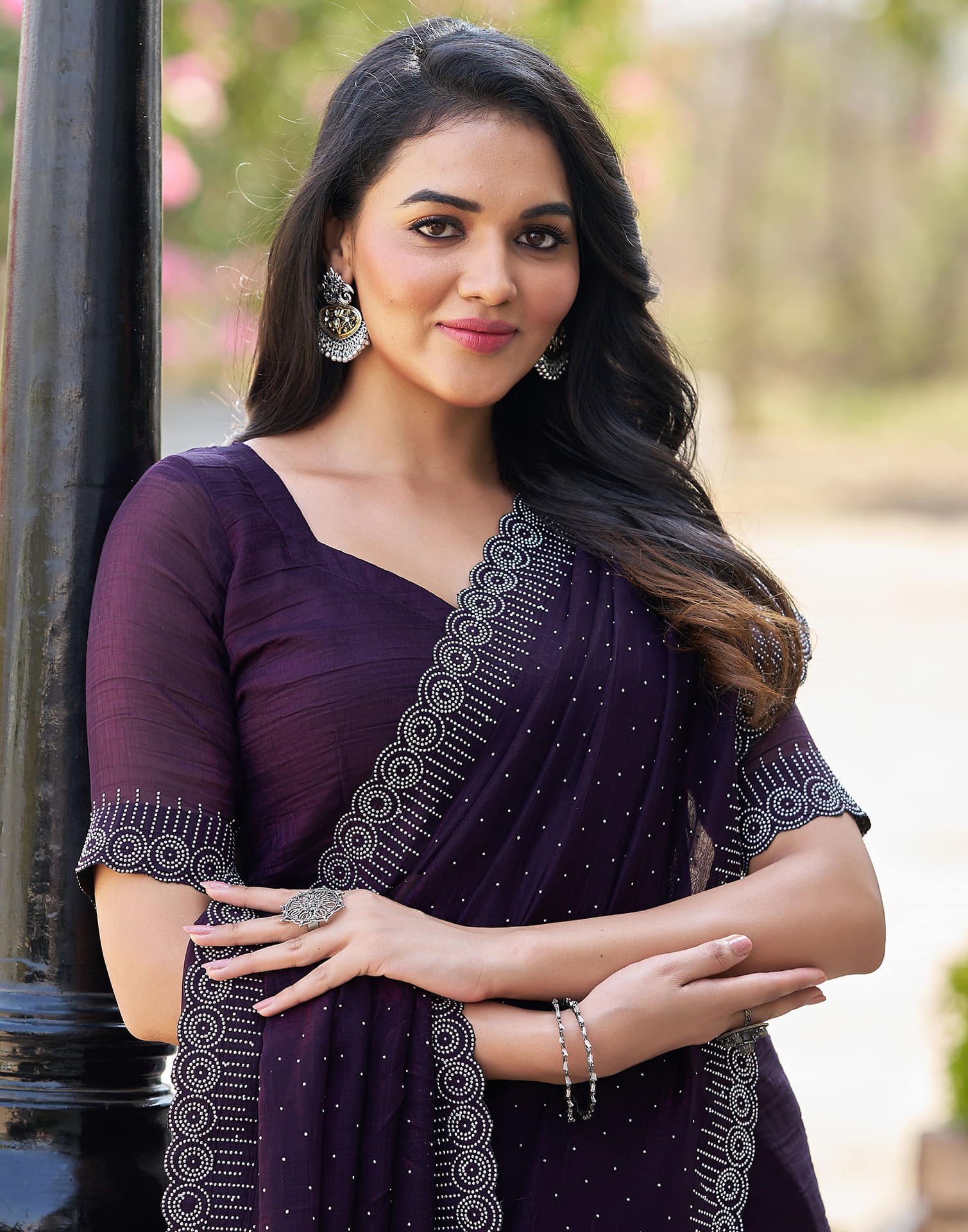 Dark Purple Shimmer Stone Work Swarovski Saree