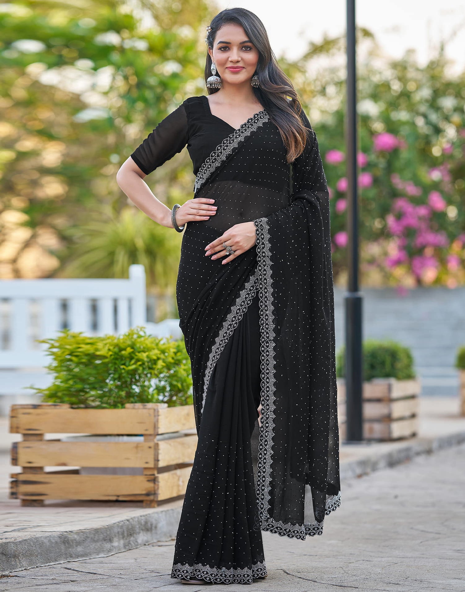 Black Georgette Stone Work Swarovski Saree