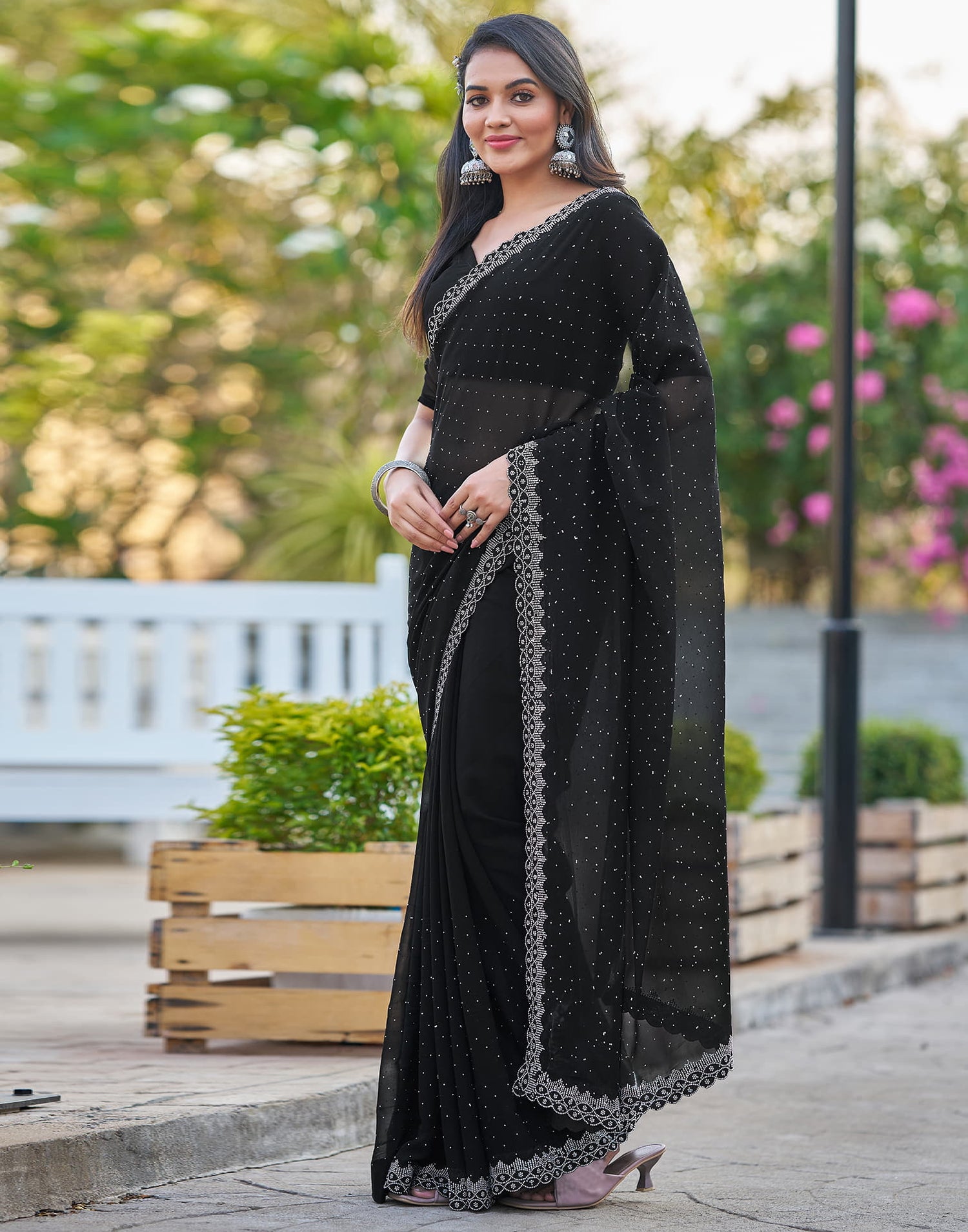 Black Georgette Stone Work Swarovski Saree