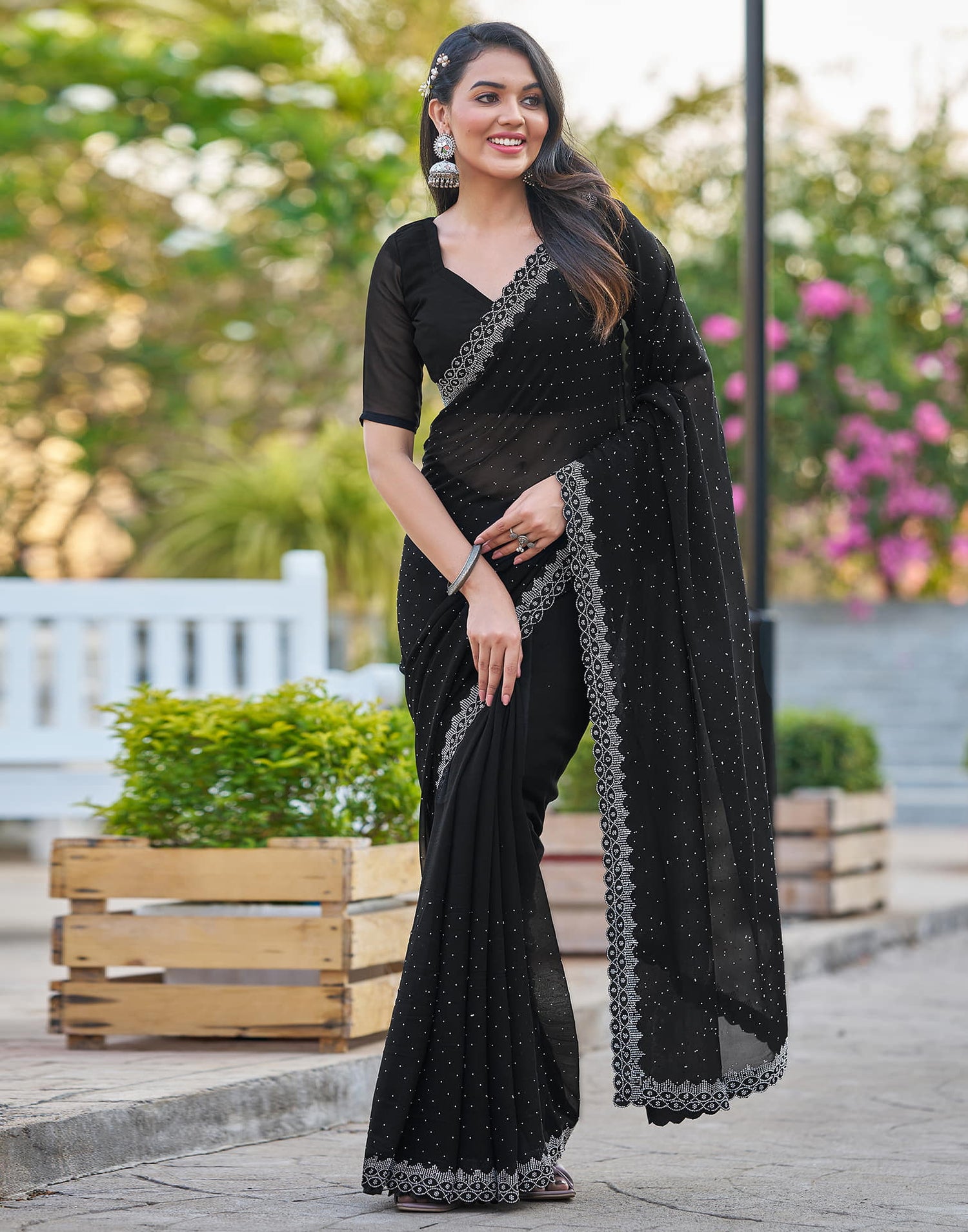 Black Georgette Stone Work Swarovski Saree
