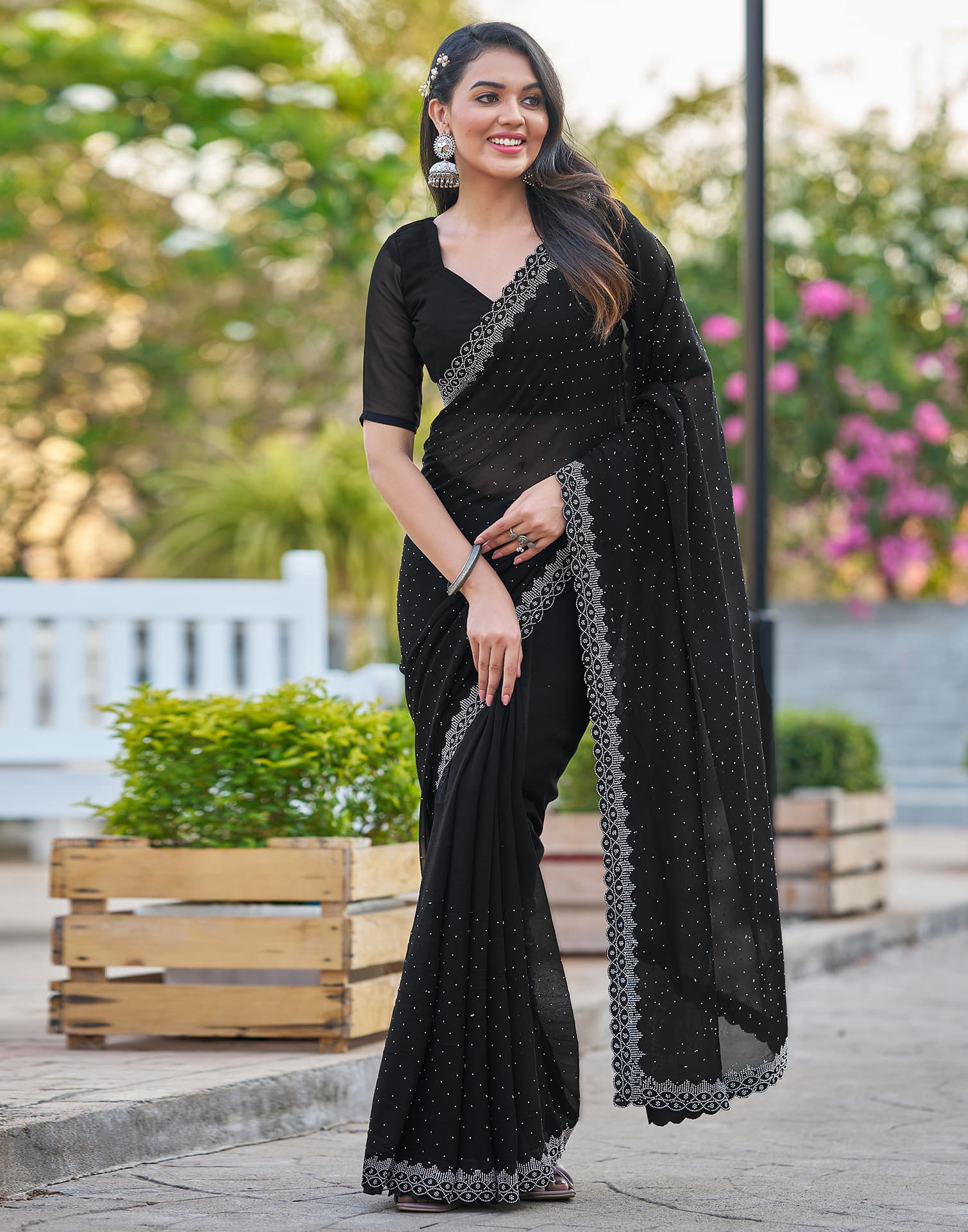 Black Georgette Stone Work Swarovski Saree