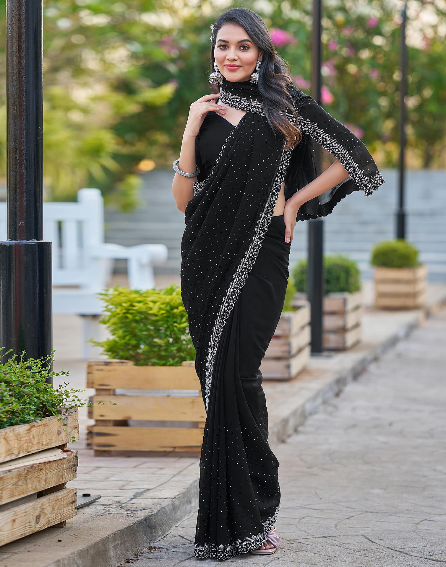 Black Georgette Stone Work Swarovski Saree