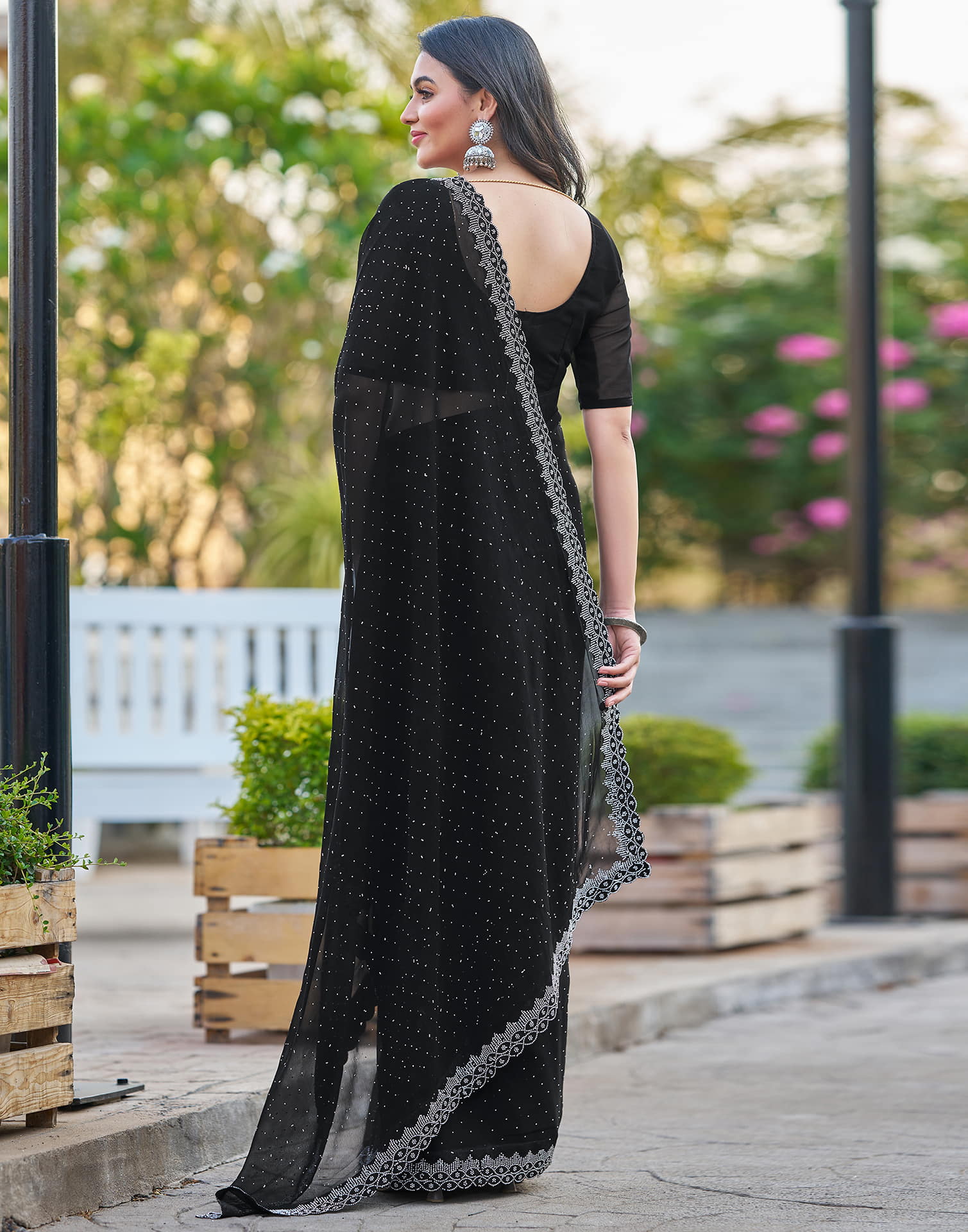 Black Georgette Stone Work Swarovski Saree