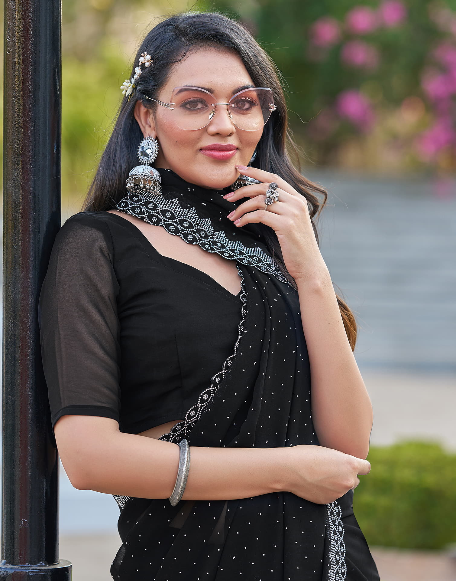 Black Georgette Stone Work Swarovski Saree