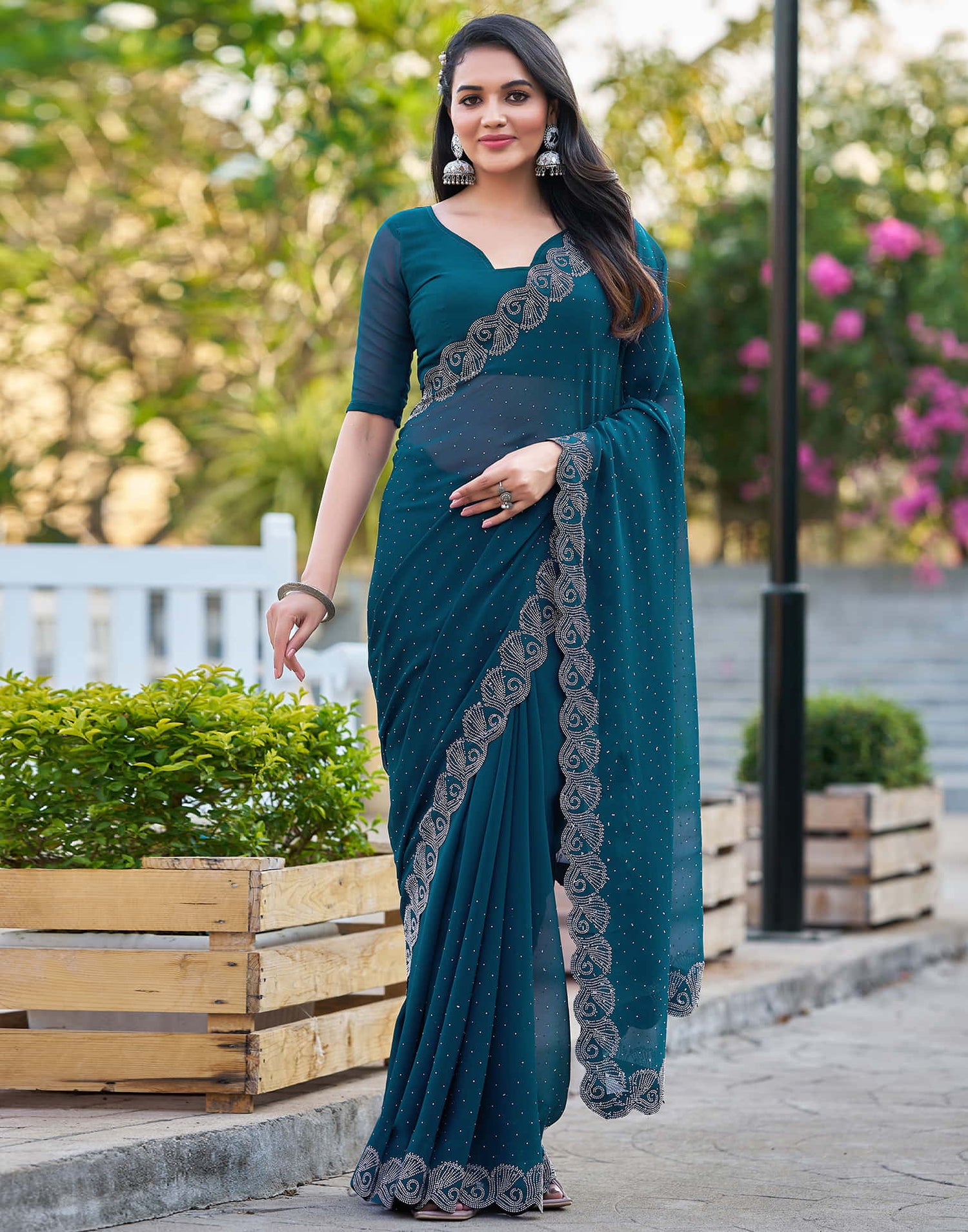 Rama Blue Georgette Stone Work Swarovski Saree