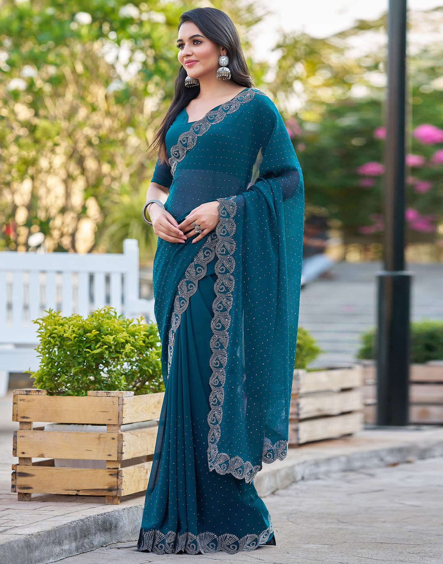 Rama Blue Georgette Stone Work Swarovski Saree