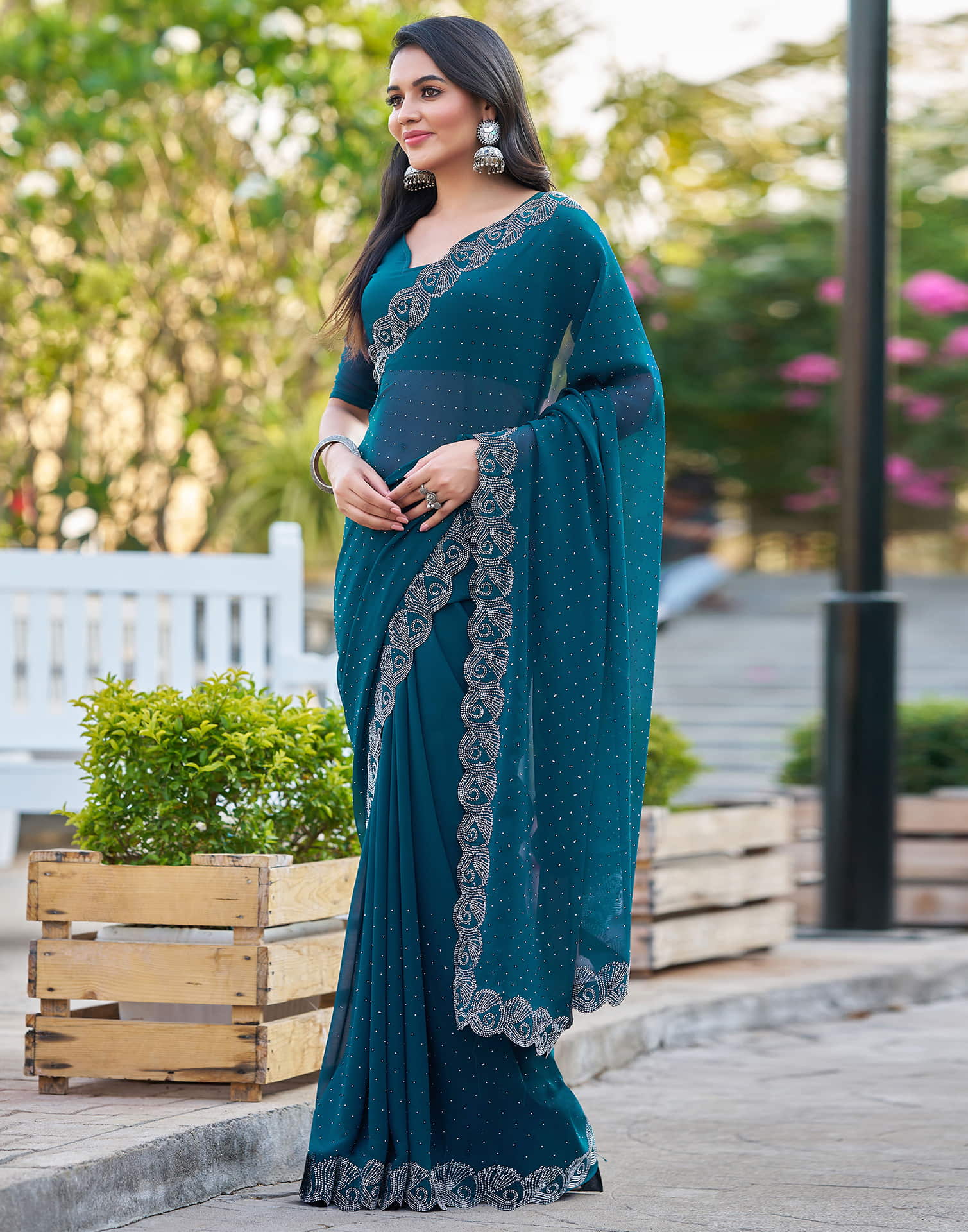 Rama Blue Georgette Stone Work Swarovski Saree