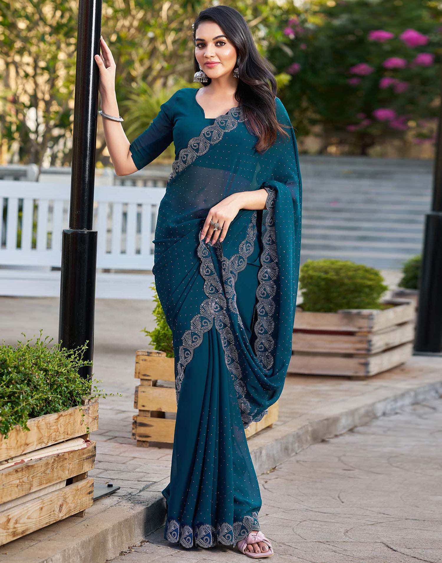 Rama Blue Georgette Stone Work Swarovski Saree