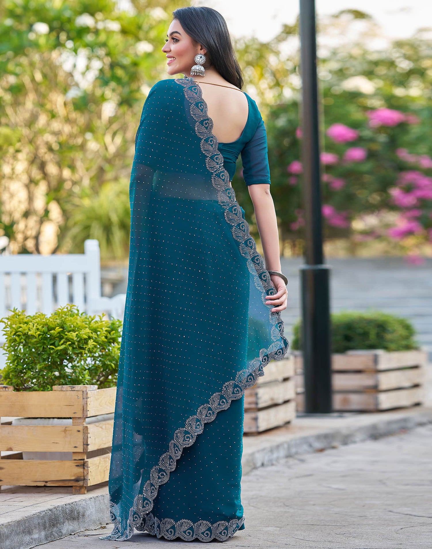 Rama Blue Georgette Stone Work Swarovski Saree