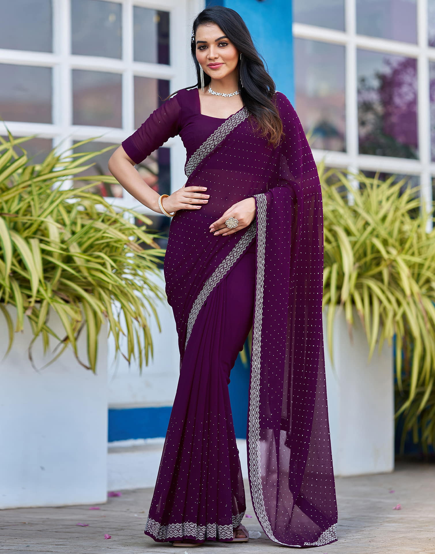 Wine Georgette Stone Work Swarovski Saree