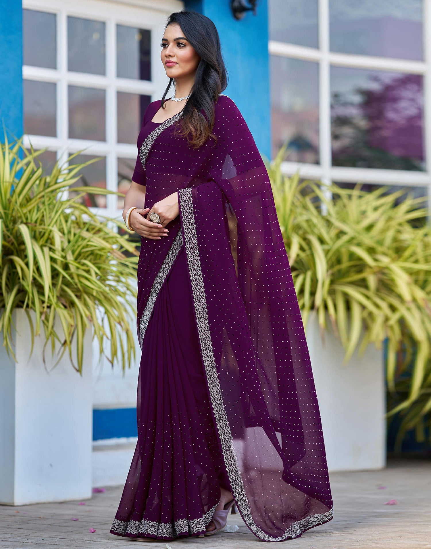 Wine Georgette Stone Work Swarovski Saree