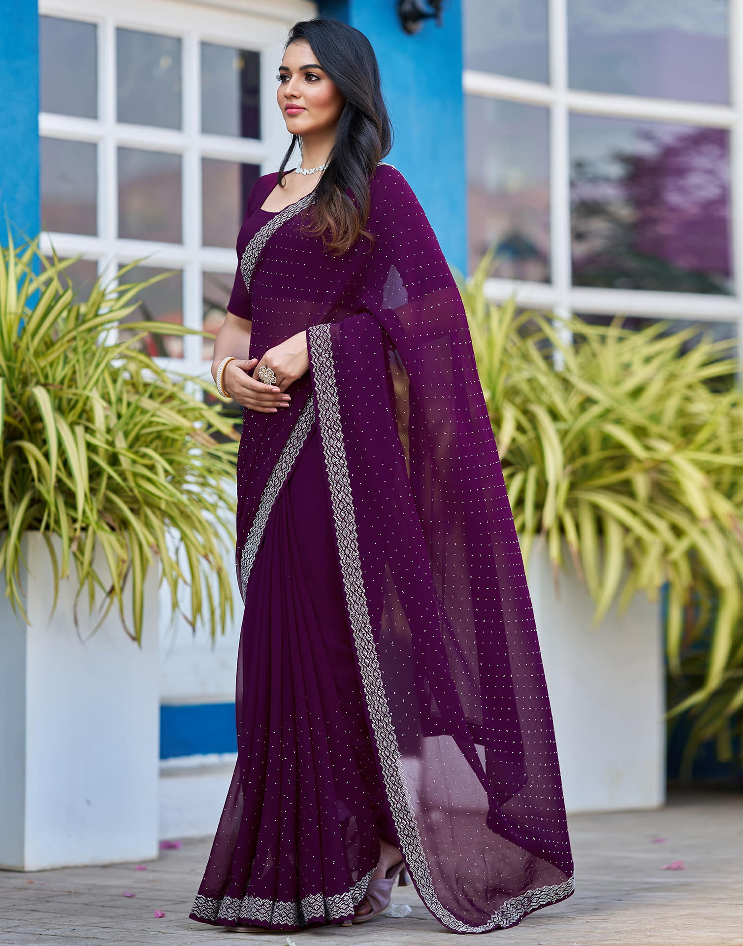Wine Georgette Stone Work Swarovski Saree