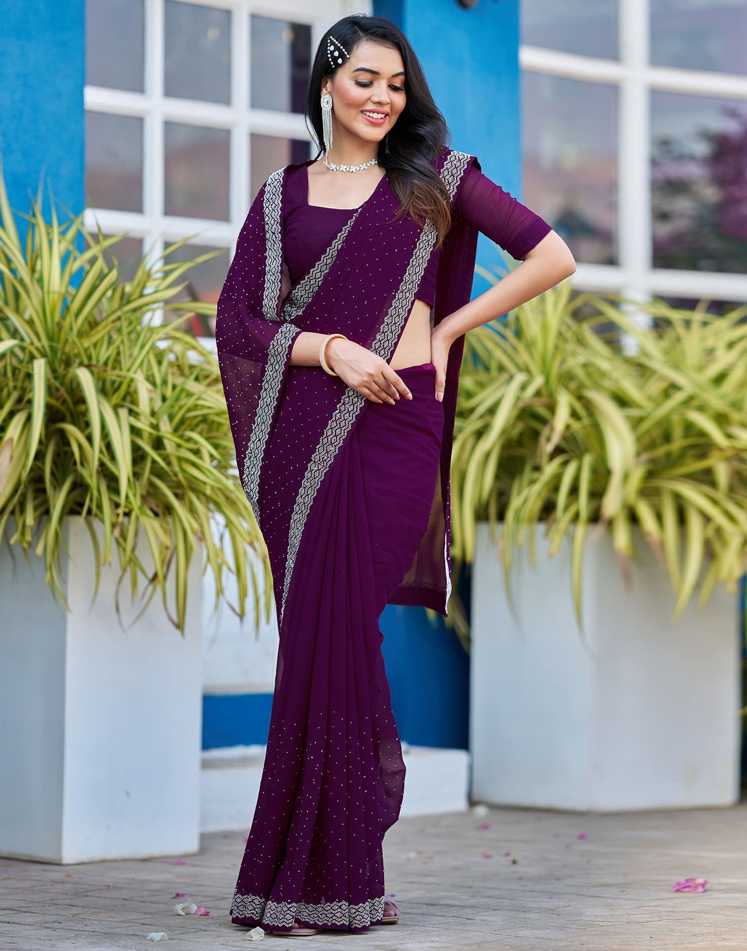 Wine Georgette Stone Work Swarovski Saree