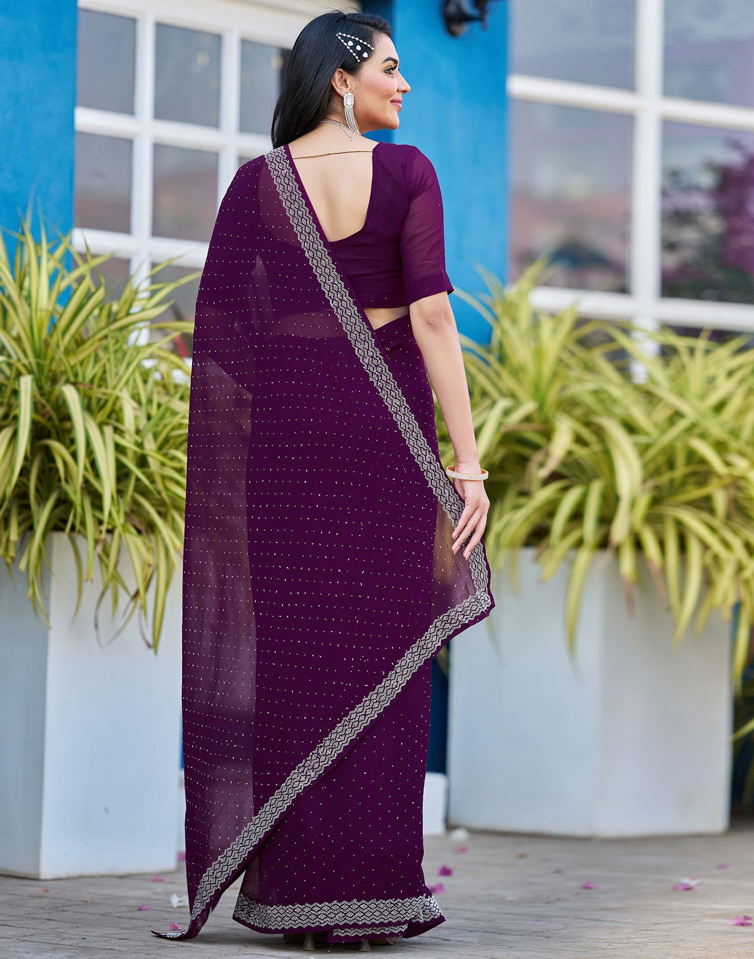 Wine Georgette Stone Work Swarovski Saree