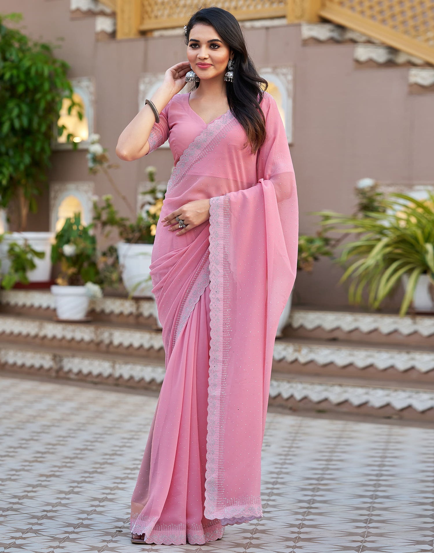 Light Pink Georgette Stone Work Swarovski Saree