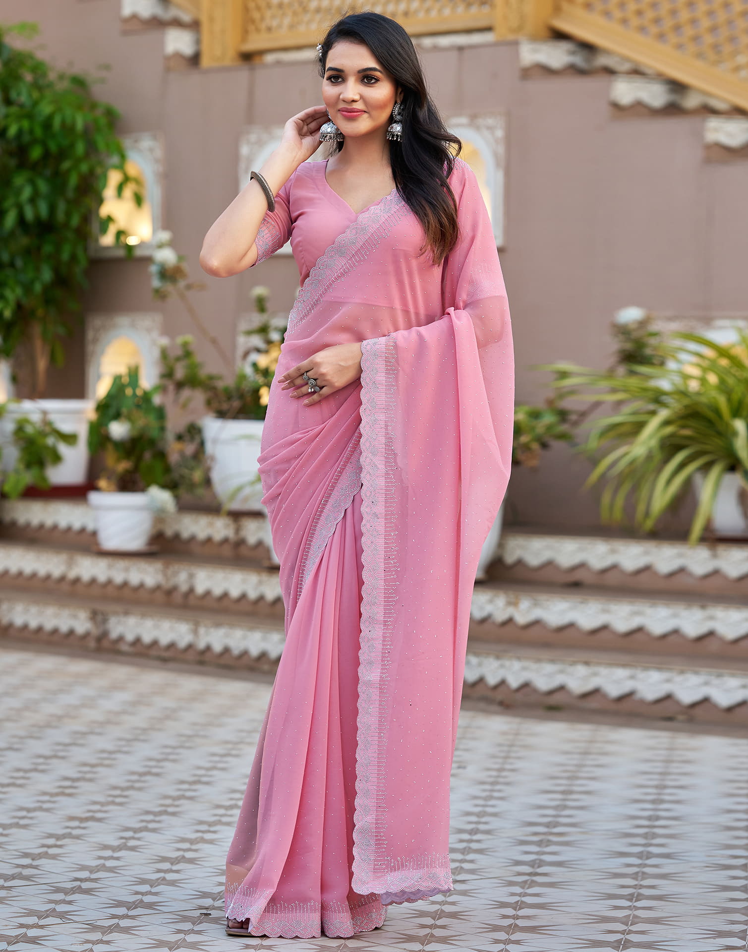 Light Pink Georgette Stone Work Swarovski Saree