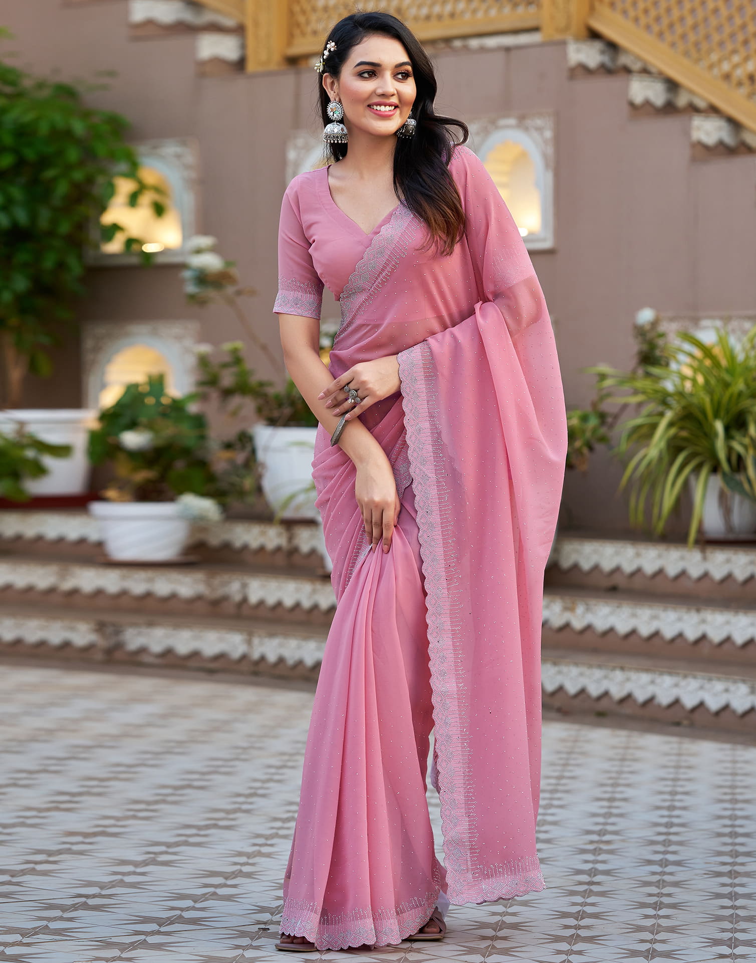 Light Pink Georgette Stone Work Swarovski Saree