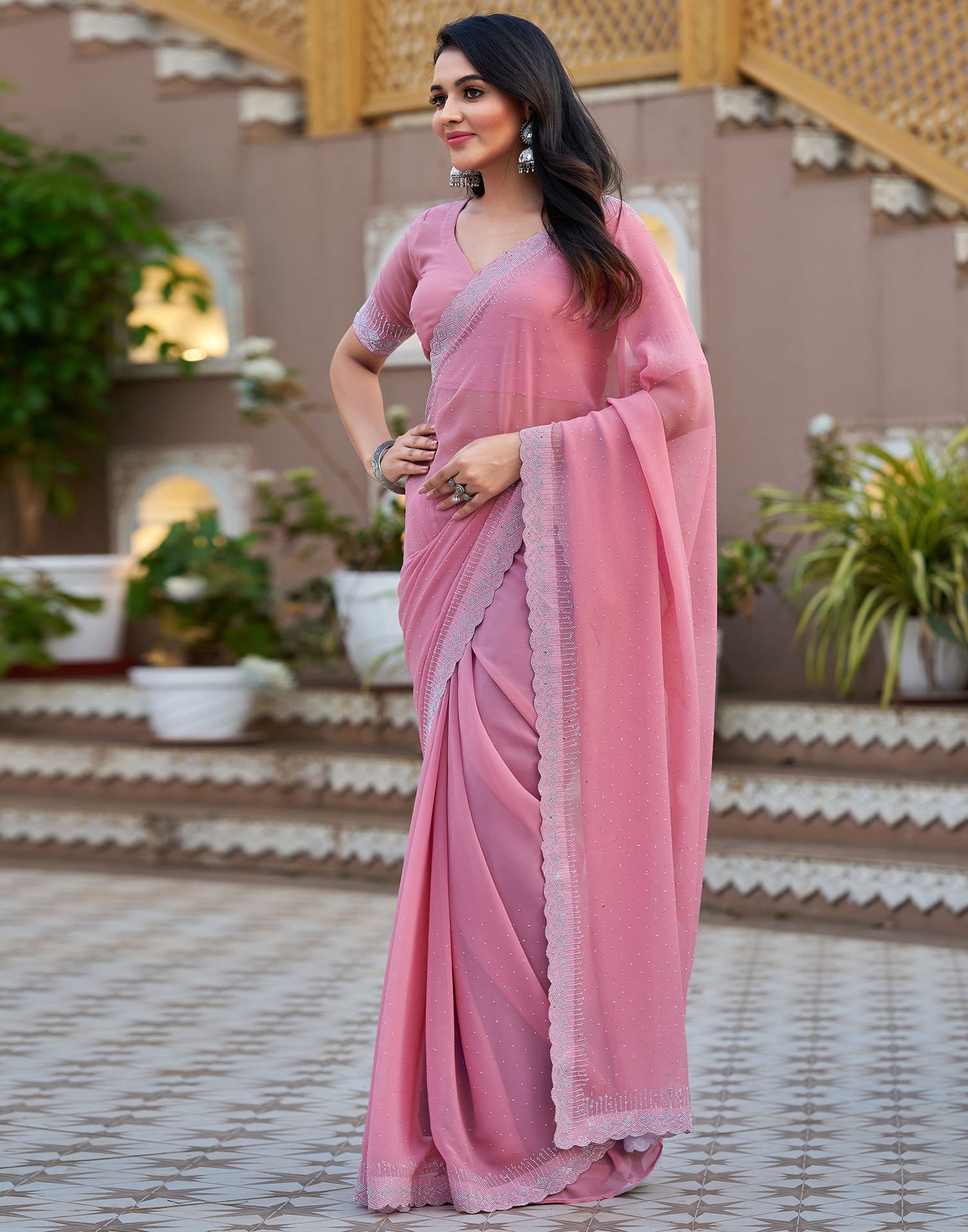 Light Pink Georgette Stone Work Swarovski Saree