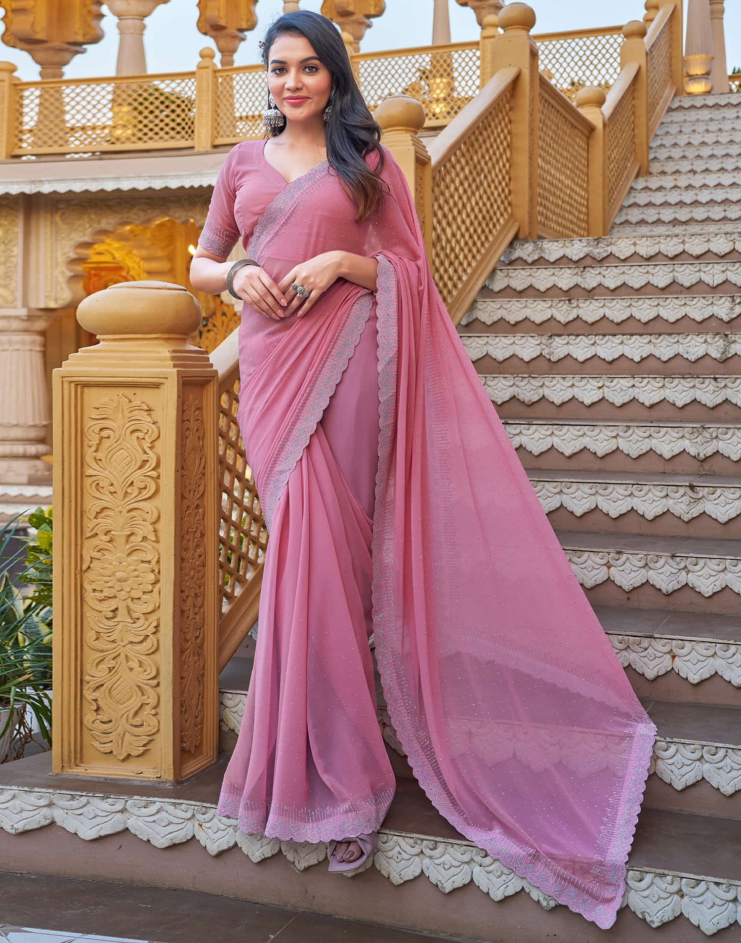 Light Pink Georgette Stone Work Swarovski Saree