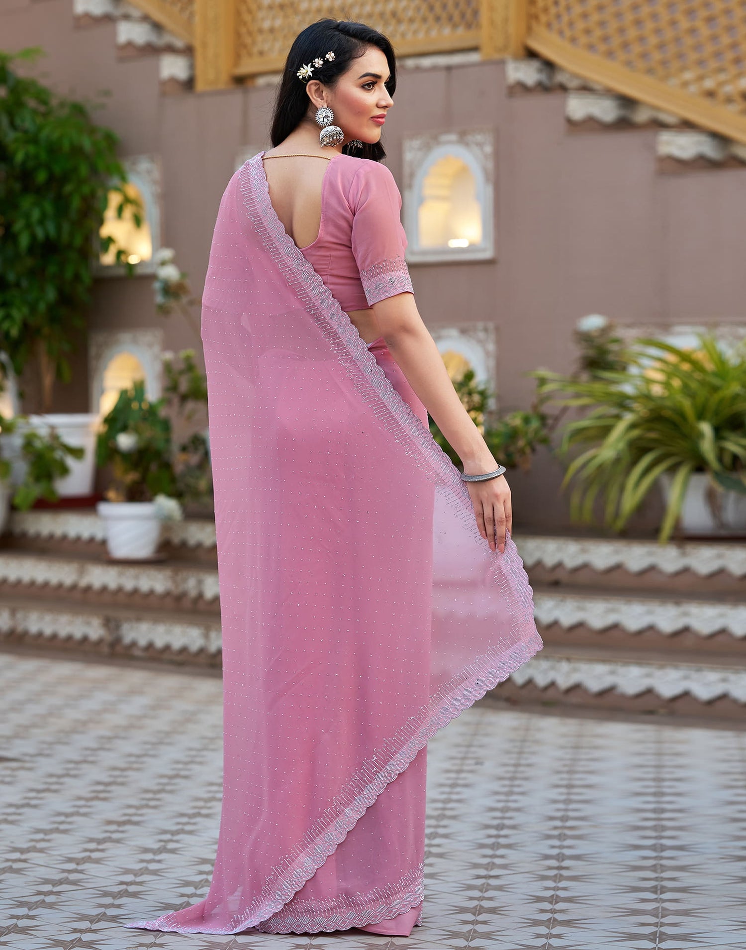 Light Pink Georgette Stone Work Swarovski Saree
