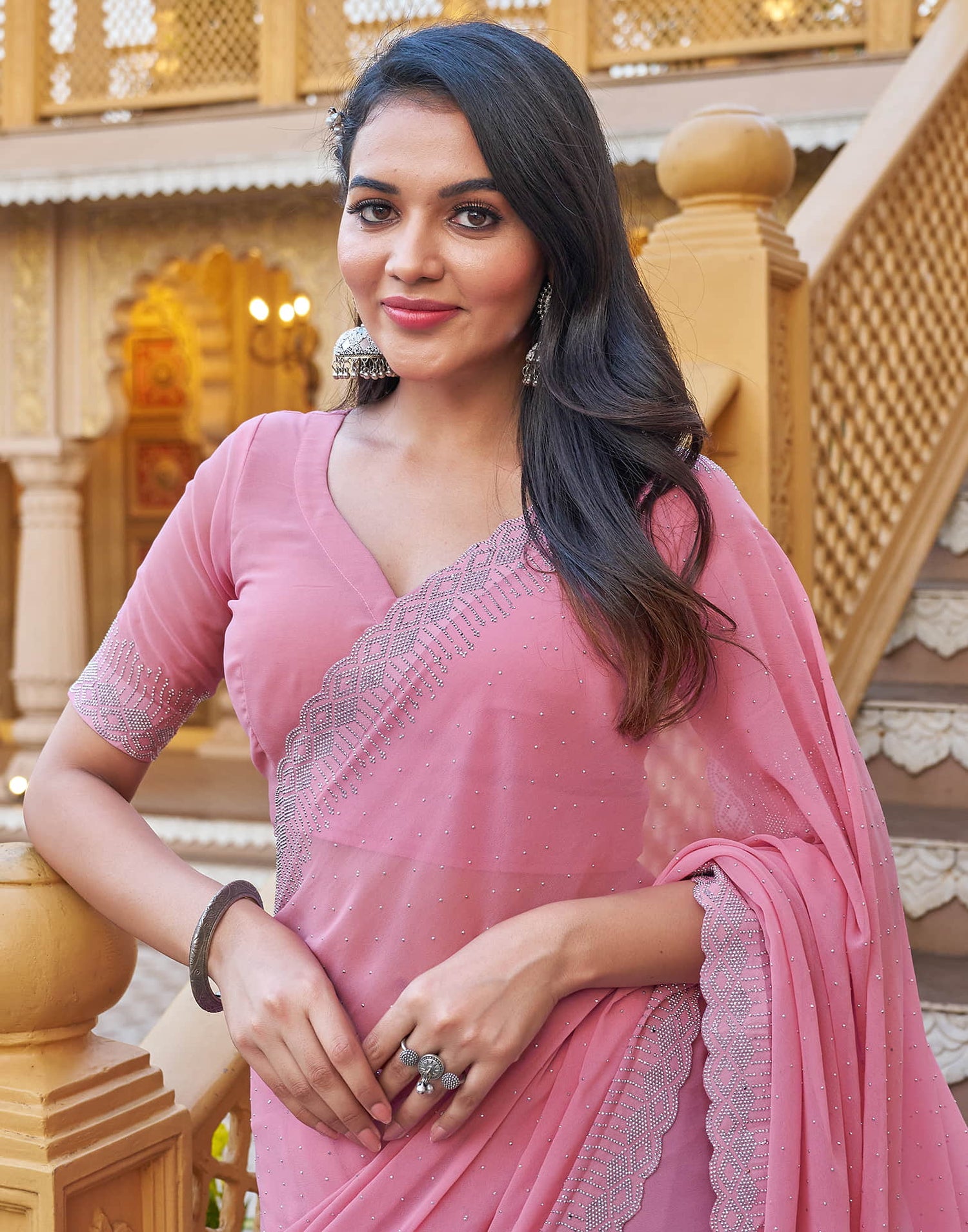 Light Pink Georgette Stone Work Swarovski Saree