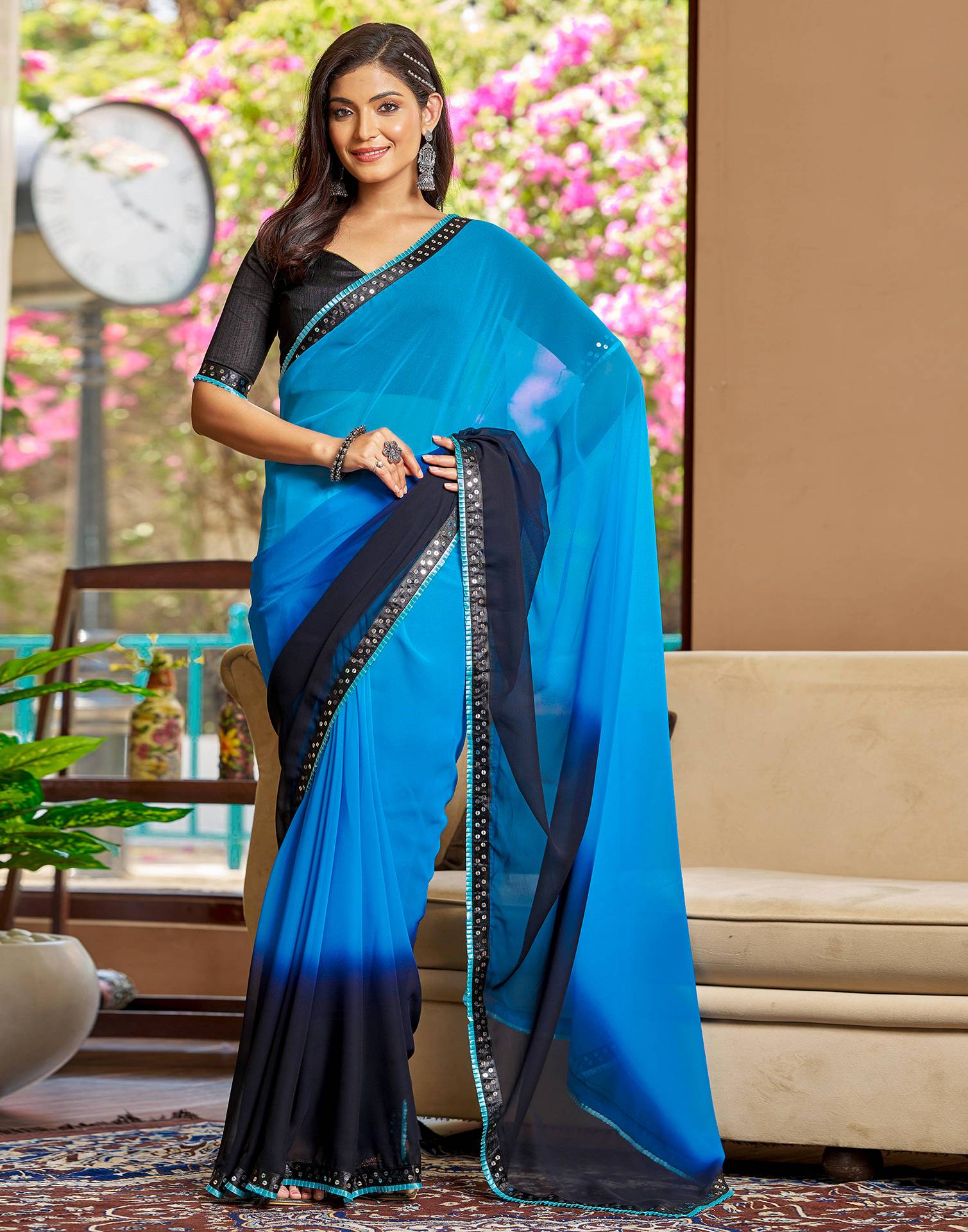 Blue Georgette Lace Solid Saree